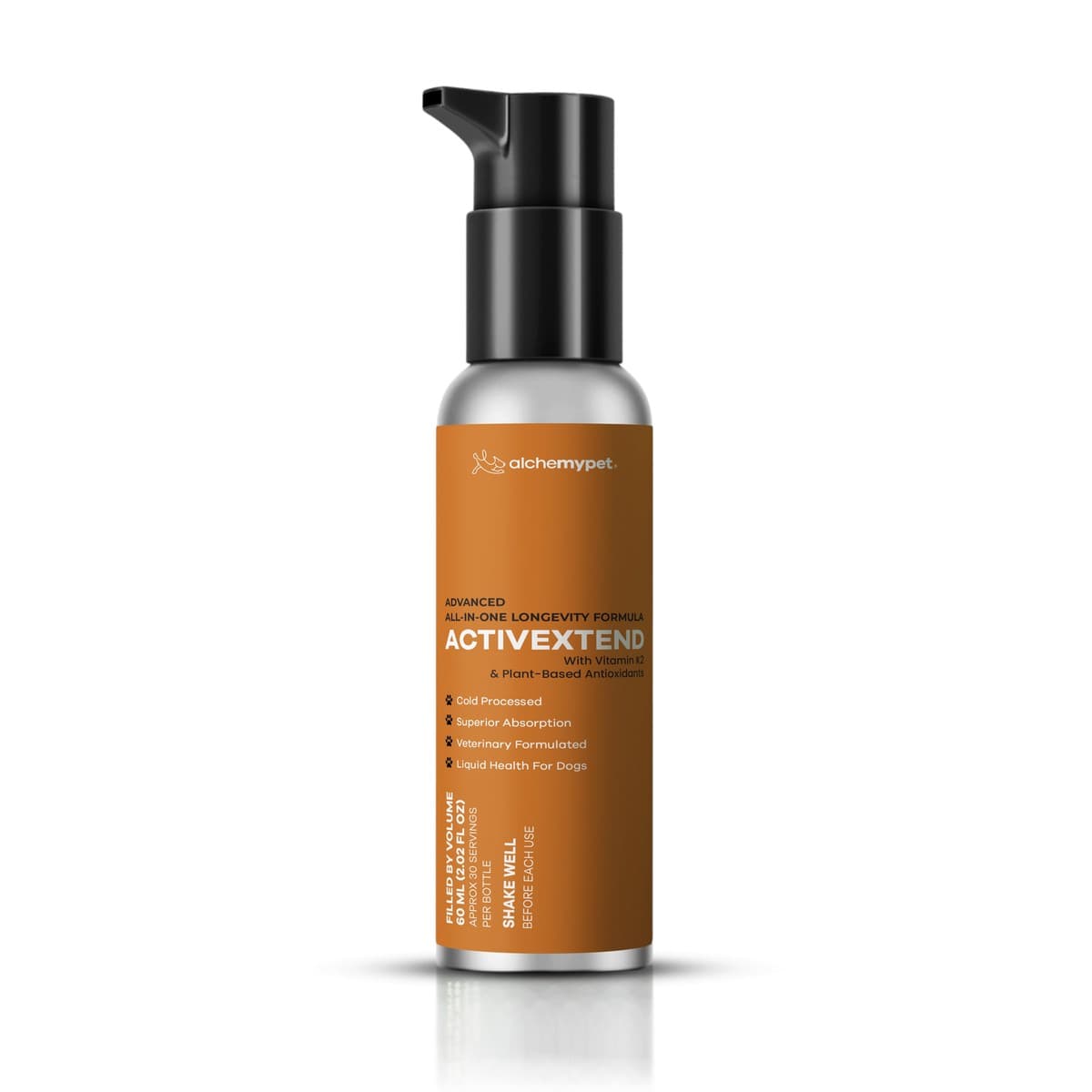 AlchemyPet ActivExtend 60 ml pump bottle with a black pump top and an orange label, on a white background