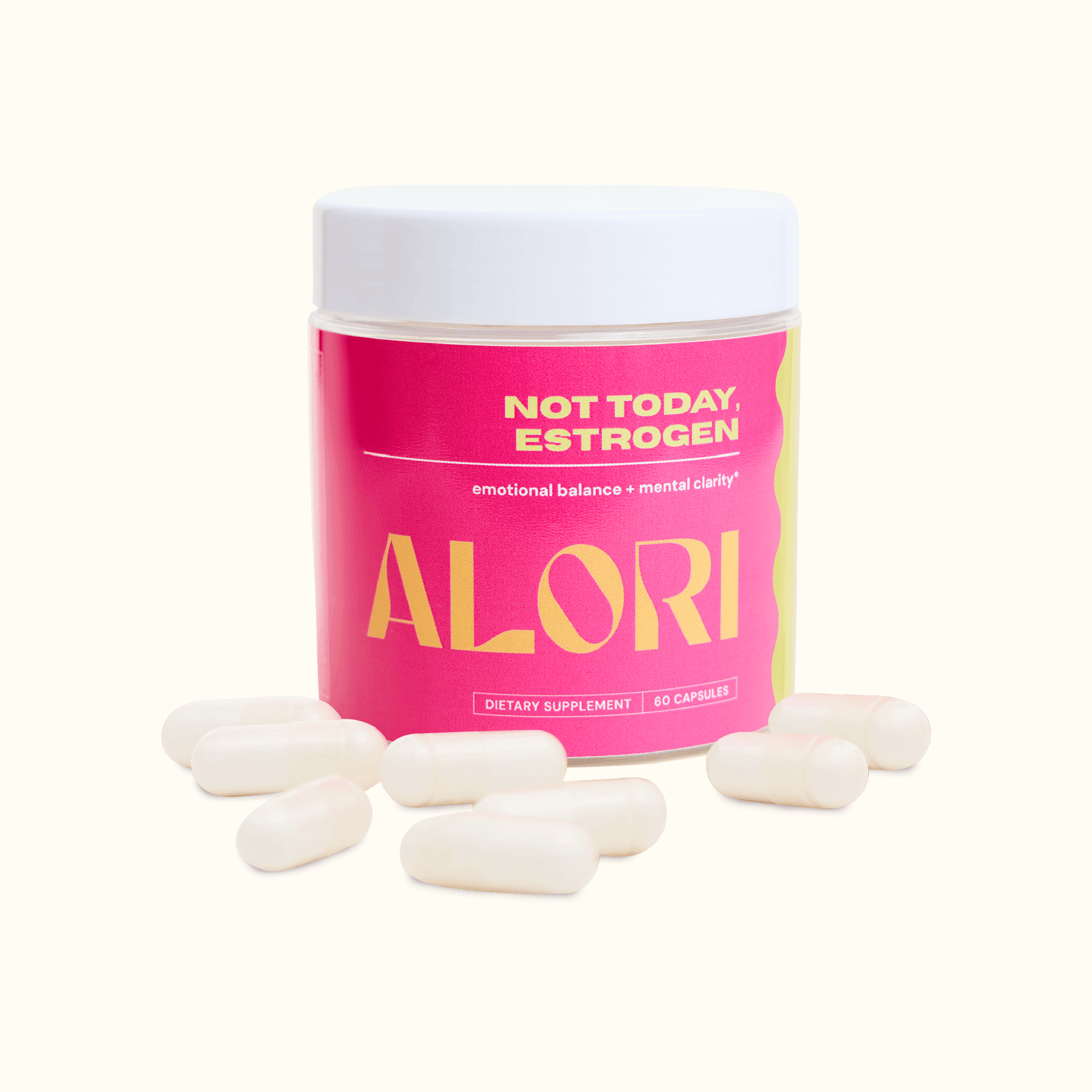 ALORI Not Today, Estrogen jar of 60 capsules with a white screw lid and pink label, loose white capsules in front, on a plain cream background