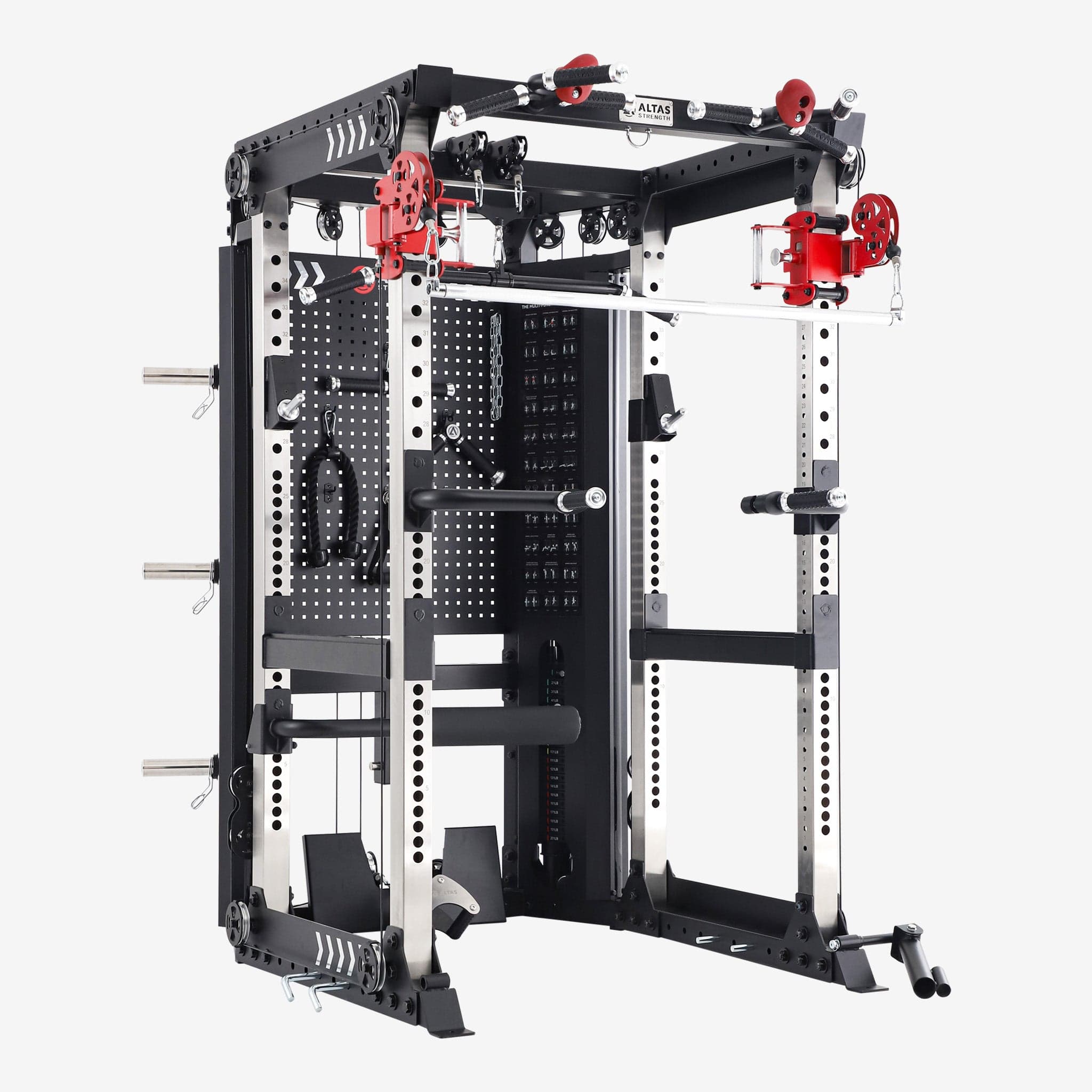 Altas Strength AL-3130 multi-functional trainer, a black and steel cable frame with two weight stacks, on a grey background