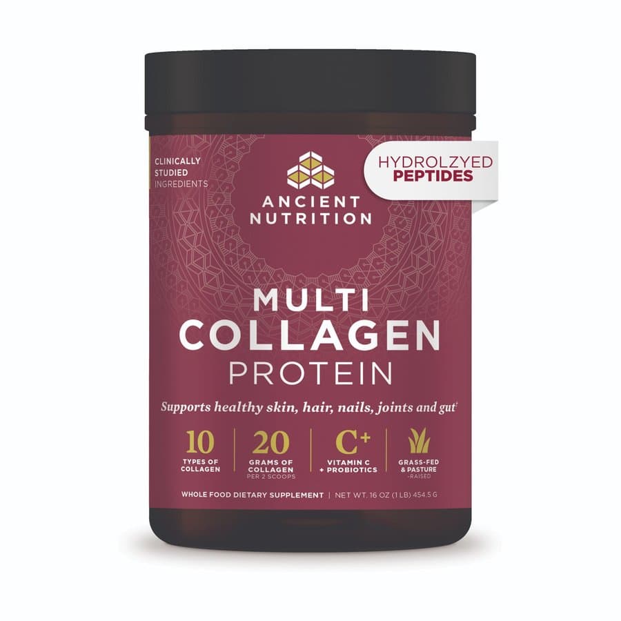 Ancient Nutrition Multi Collagen Protein unflavored powder in a 16 oz tub with a black lid and a maroon label, front view on a white background