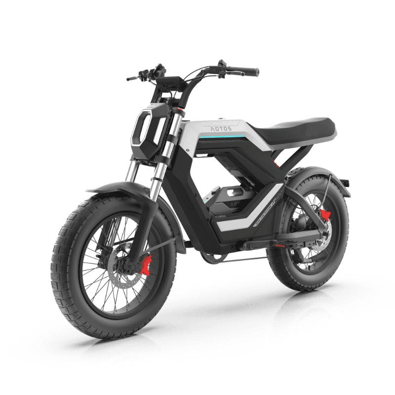 AOTOS Flux X26 Series e-bike in silver and black, front three-quarter view showing the inverted front fork, fat tires on spoked wheels and red brake calipers