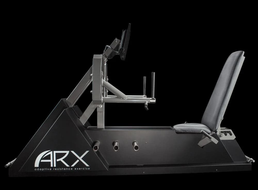 ARX Alpha adaptive resistance machine, side view showing the guided sled, handles, seat and monitor arm