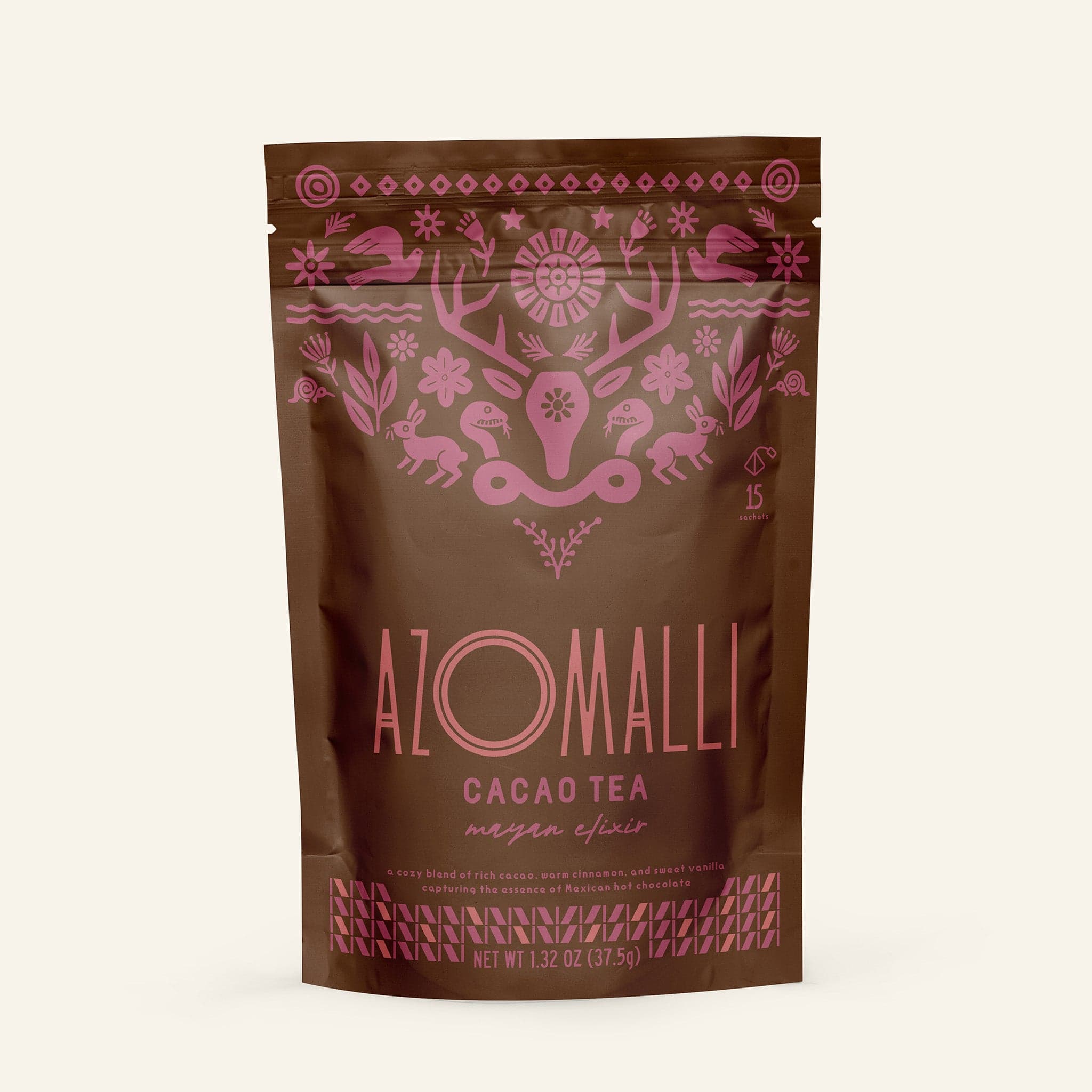 Azomalli Mayan Elixir cacao tea stand-up pouch, brown with a pink folk-art pattern of animals and flowers, labelled 15 sachets, shown front on against a cream background