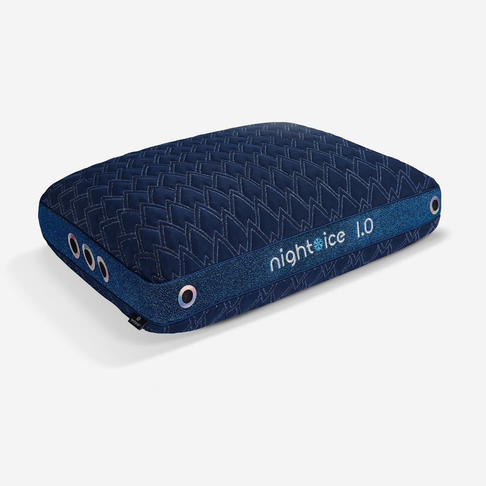 BEDGEAR Night Ice Performance Pillow, Standard size, 1.0 height: a navy quilted pillow with a side gusset, round mesh vents and night ice 1.0 embroidered on the gusset