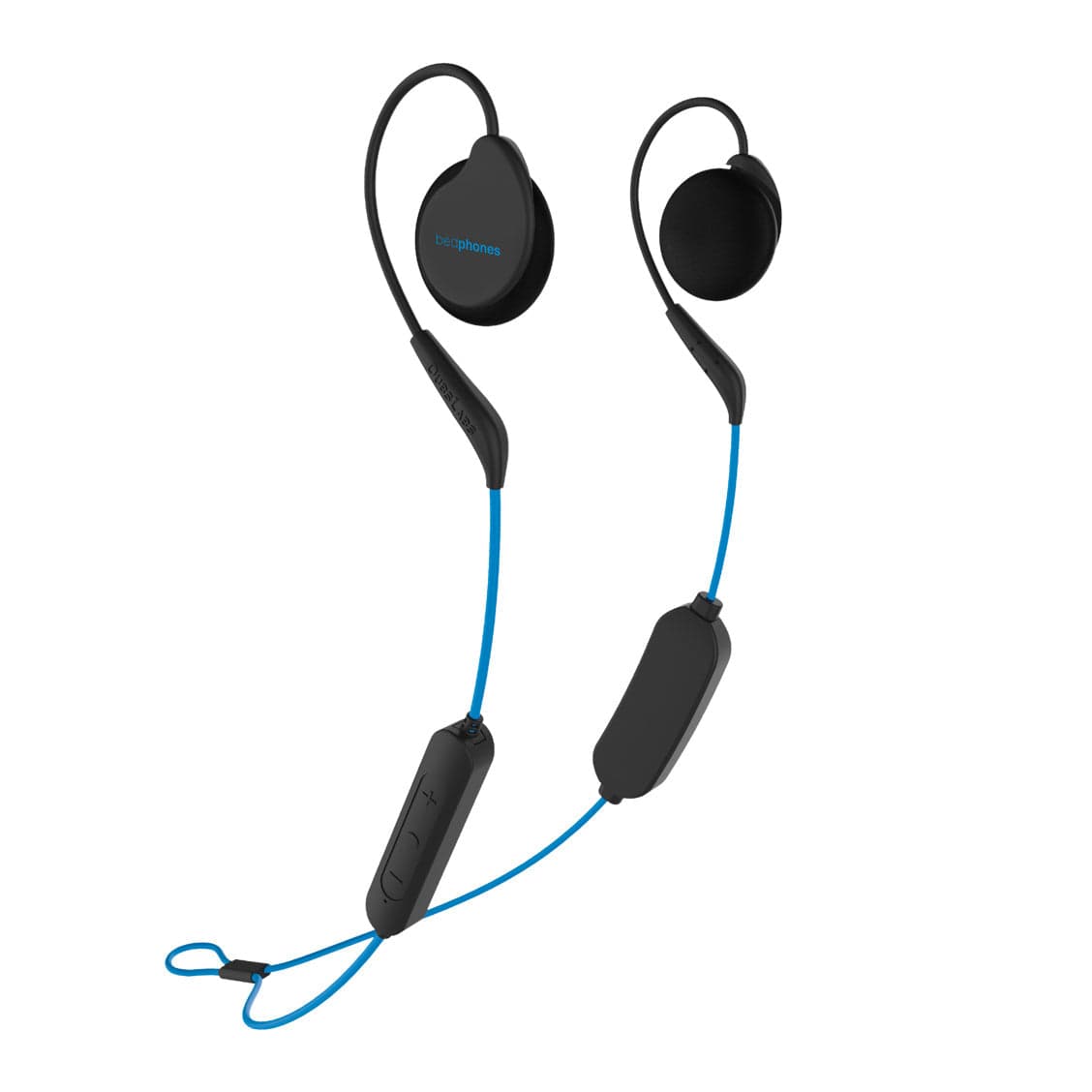 Bedphones Wireless sleep headphones: two flat foam-covered on-ear speakers on rubber-coated memory-wire earhooks, joined by a blue cable with an inline three-button remote and a battery pod