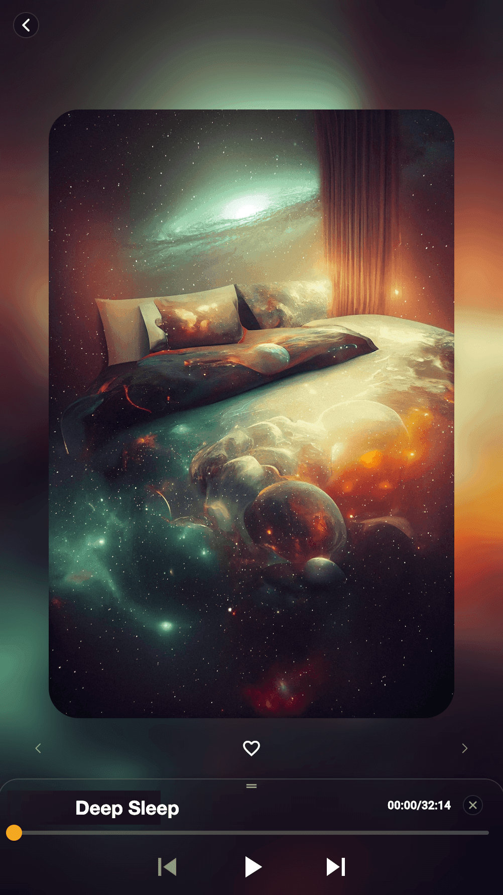 Beginning app audio player screen showing a Deep Sleep session with galaxy artwork and play controls