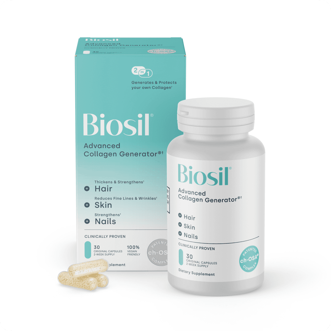 Biosil Advanced Collagen Generator Original Capsules, a teal and white retail box behind a white bottle with a screw cap, with three clear capsules in front