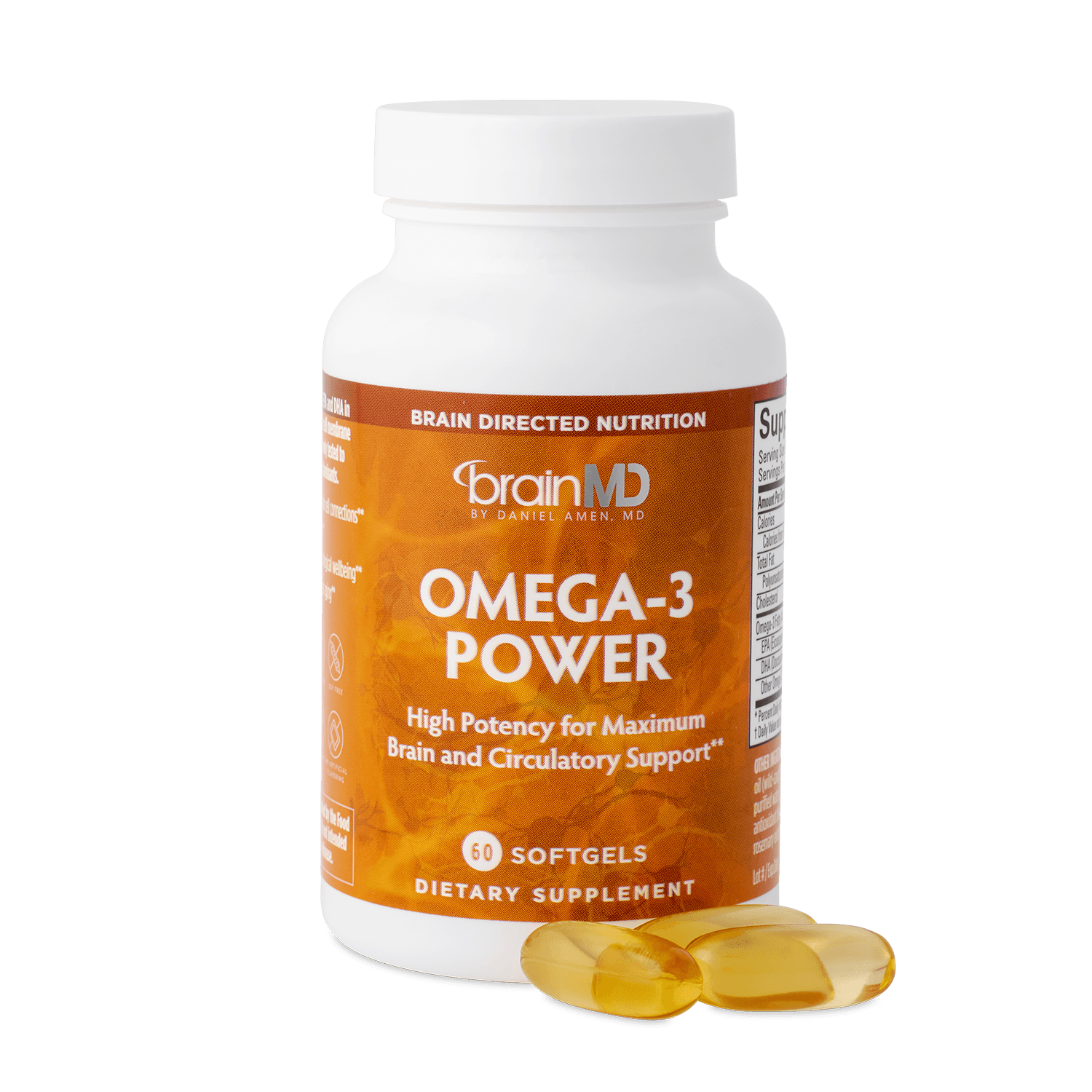 BrainMD Omega-3 Power bottle of 60 softgels with a white screw cap and orange label, three clear gold softgels in front