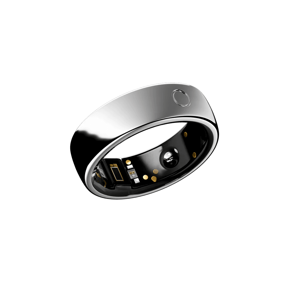 Silver Circular Ring 2 smart ring at a three quarter angle, with the sensor window visible inside