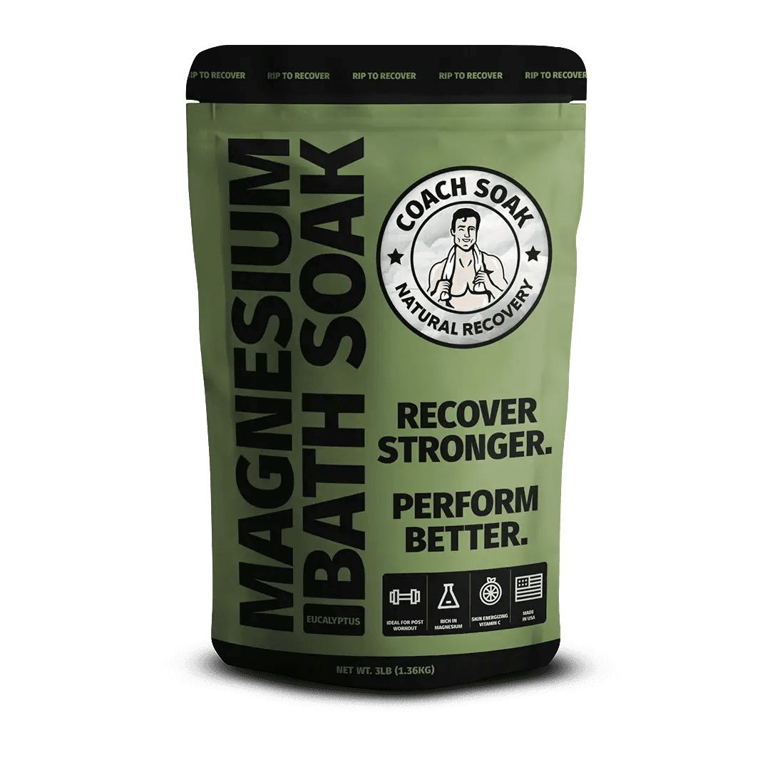 Coach Soak Magnesium Bath Soak Eucalyptus, front of the 3 lb bag of Dead Sea magnesium chloride flakes