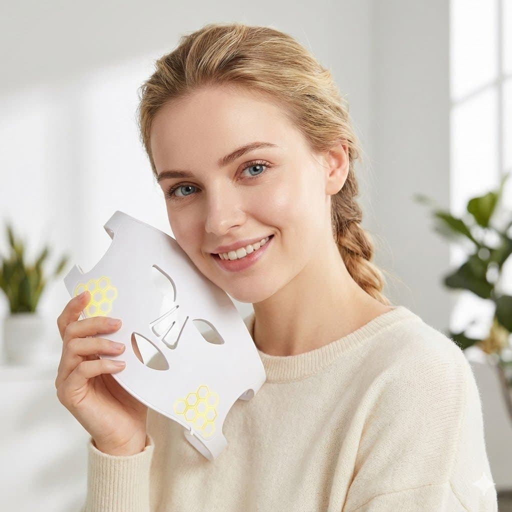 White COLORDIAMONDS IGI LED face mask held up to show its honeycomb LED clusters