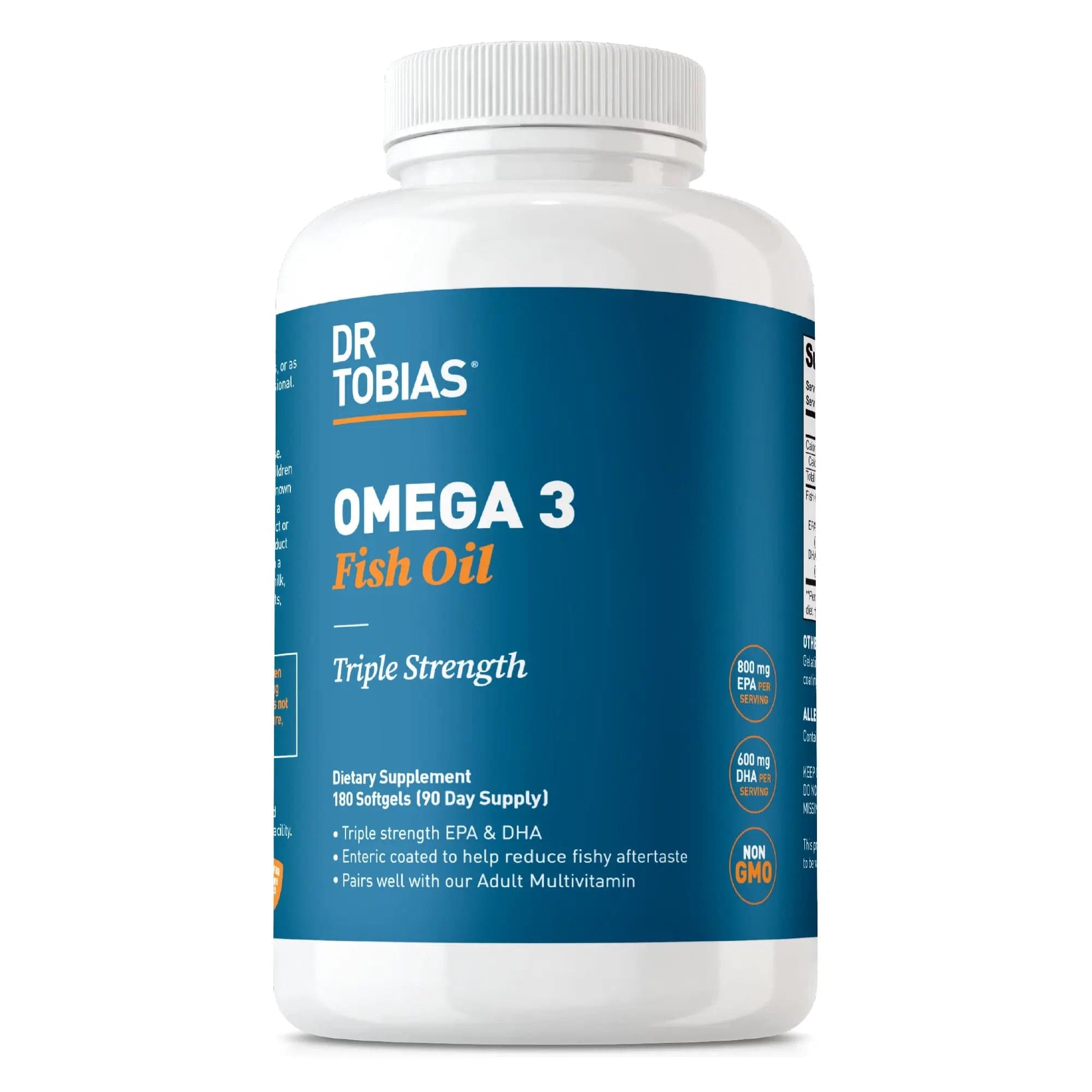 Dr. Tobias Omega 3 Fish Oil Triple Strength bottle of 180 softgels with a white screw cap and a blue label, on a plain white background