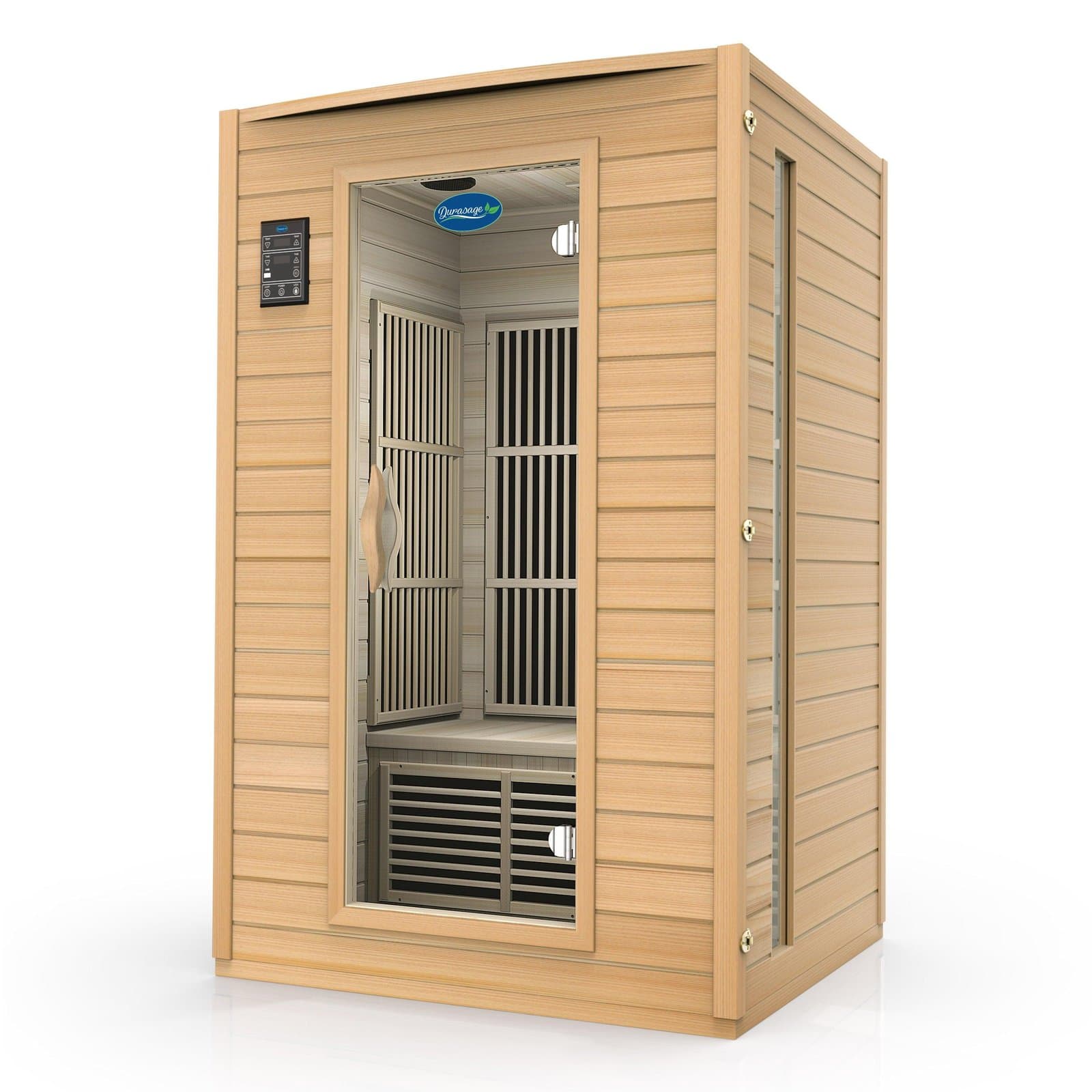 Durasage 2 person infrared sauna cabin in light hemlock, shown as a product render from a three quarter front angle, with a full height glass door, a black control panel on the front wall and slatted heater panels inside