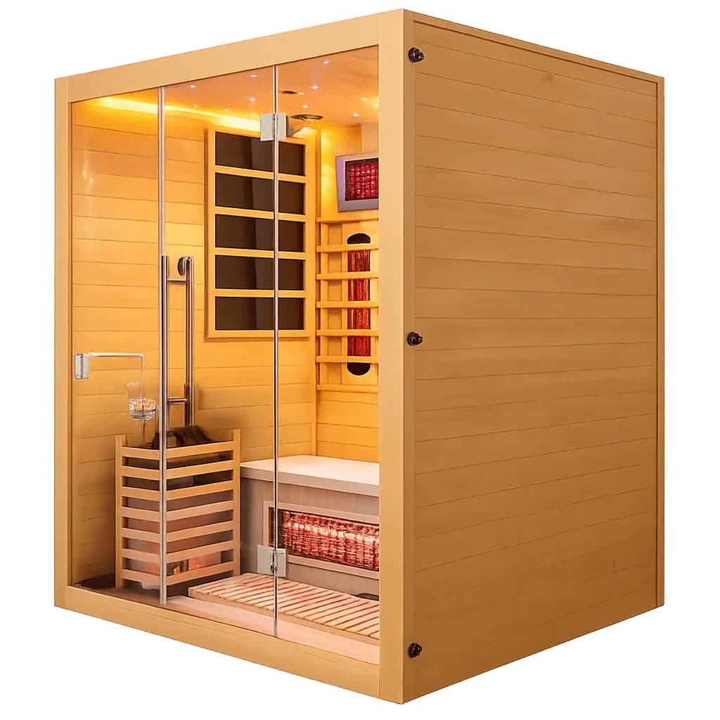 Echelon 4 person hybrid sauna cabin seen from the front right, light wood walls, a glass front with a long vertical door handle, a slatted wood heater guard in the front corner, a bench with a glowing element beneath it and small lights in the ceiling