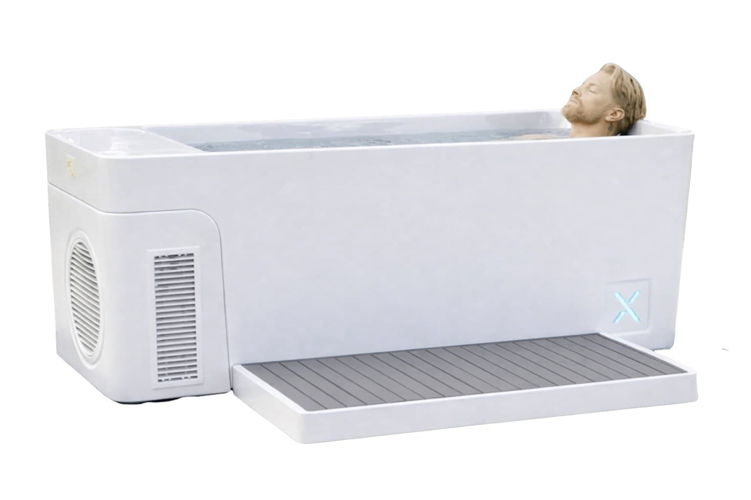 White Echelon All-In-One plunge tub with the chiller housing and round fan grille built into the left end and a slatted drip tray in front, a person reclining in the water