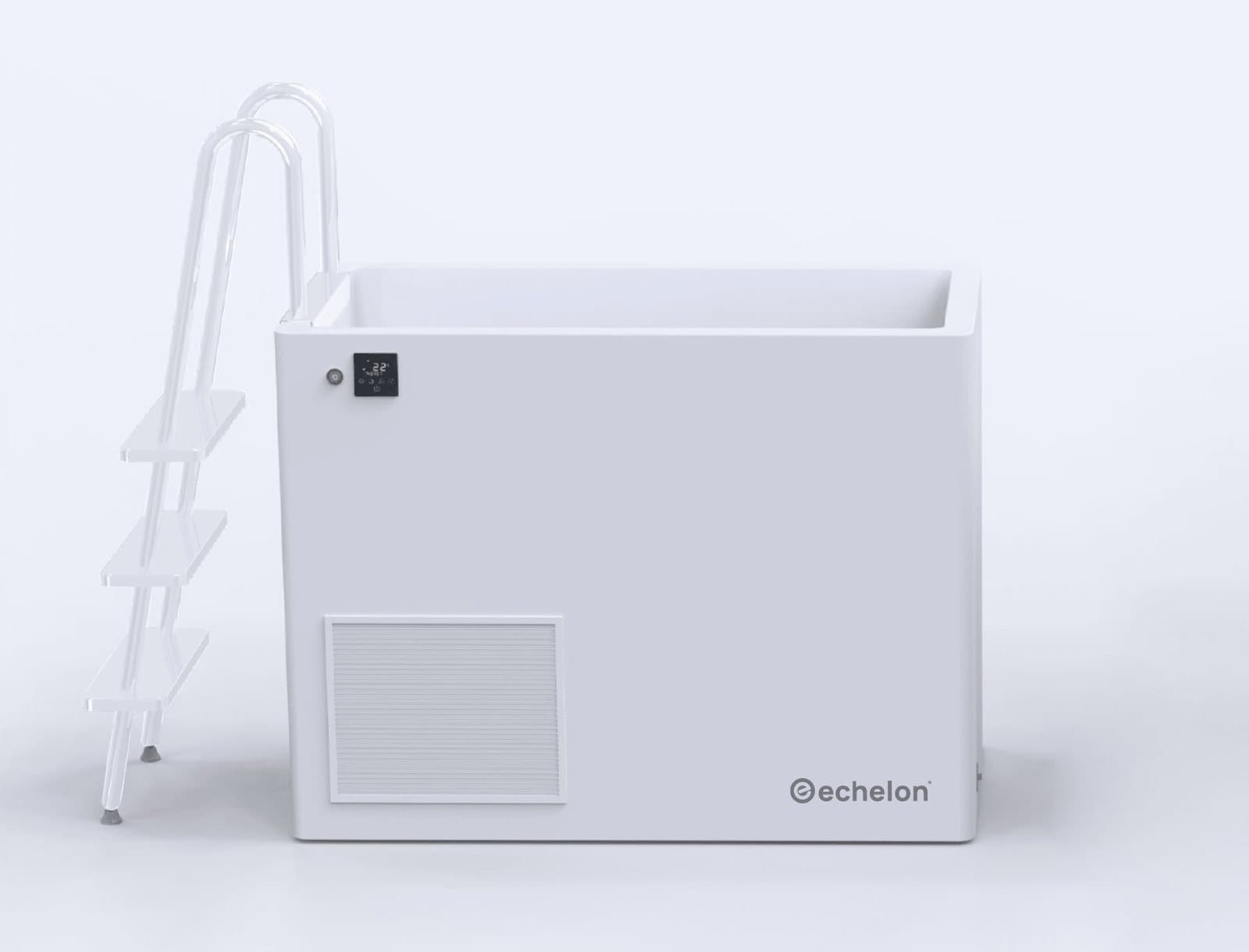 White Echelon step-in vertical cold plunge tub with a three-step ladder on the left and a control panel on its front face, shown empty on a light grey background