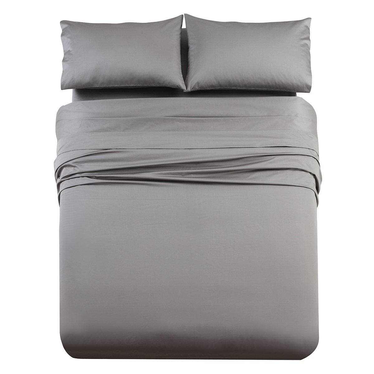 Gray cotton sateen sheet set on a bed seen from the foot, with the flat sheet turned down and two pillowcases at the head, on a white background