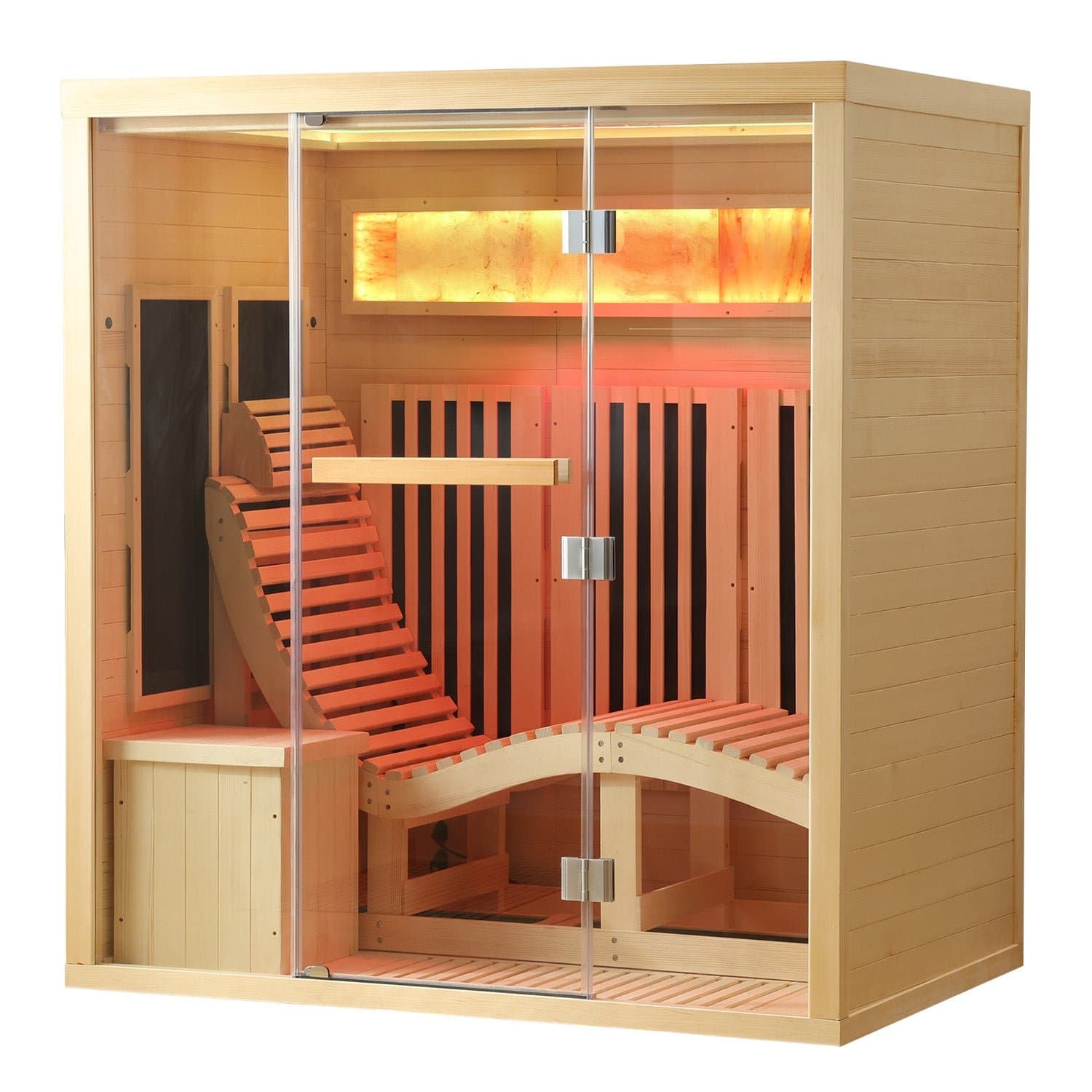 Erommy hemlock infrared sauna with a clear glass front, a curved wooden lounge recliner, a side table and a lit salt brick panel on the back wall