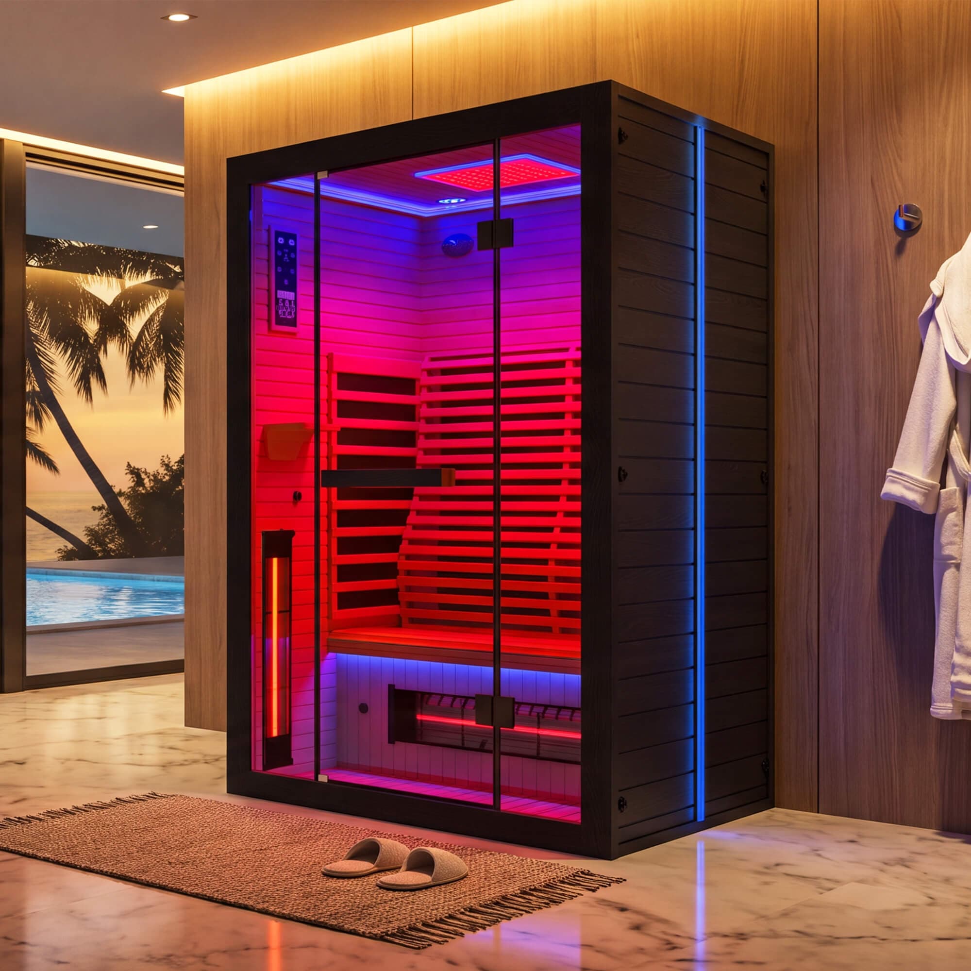 Erommy 2-person black-framed infrared sauna with a glass front, pale hemlock interior glowing red, a square red LED panel in the ceiling and blue accent lighting, rendered in a spa room