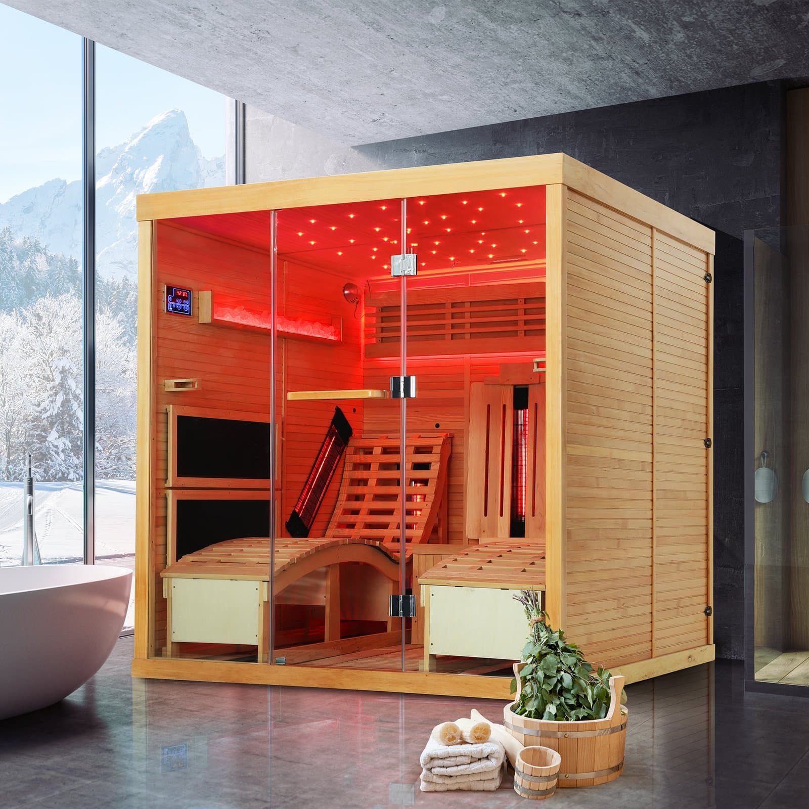 Erommy 2 person hemlock infrared sauna cabin with a glass front, two wooden lounge chairs and a red lit star ceiling, set in a room with a bathtub and a window onto snowy mountains
