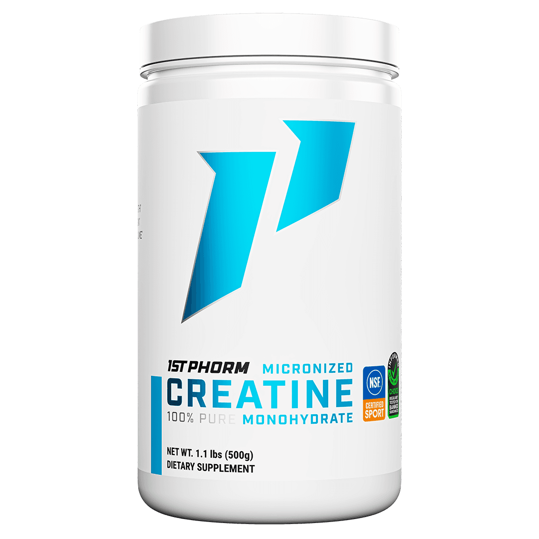 White 500g tub of 1st Phorm Micronized Creatine Monohydrate with a blue logo, the words 100% Pure Monohydrate, an NSF Certified for Sport badge, and net weight 1.1 lbs on the label