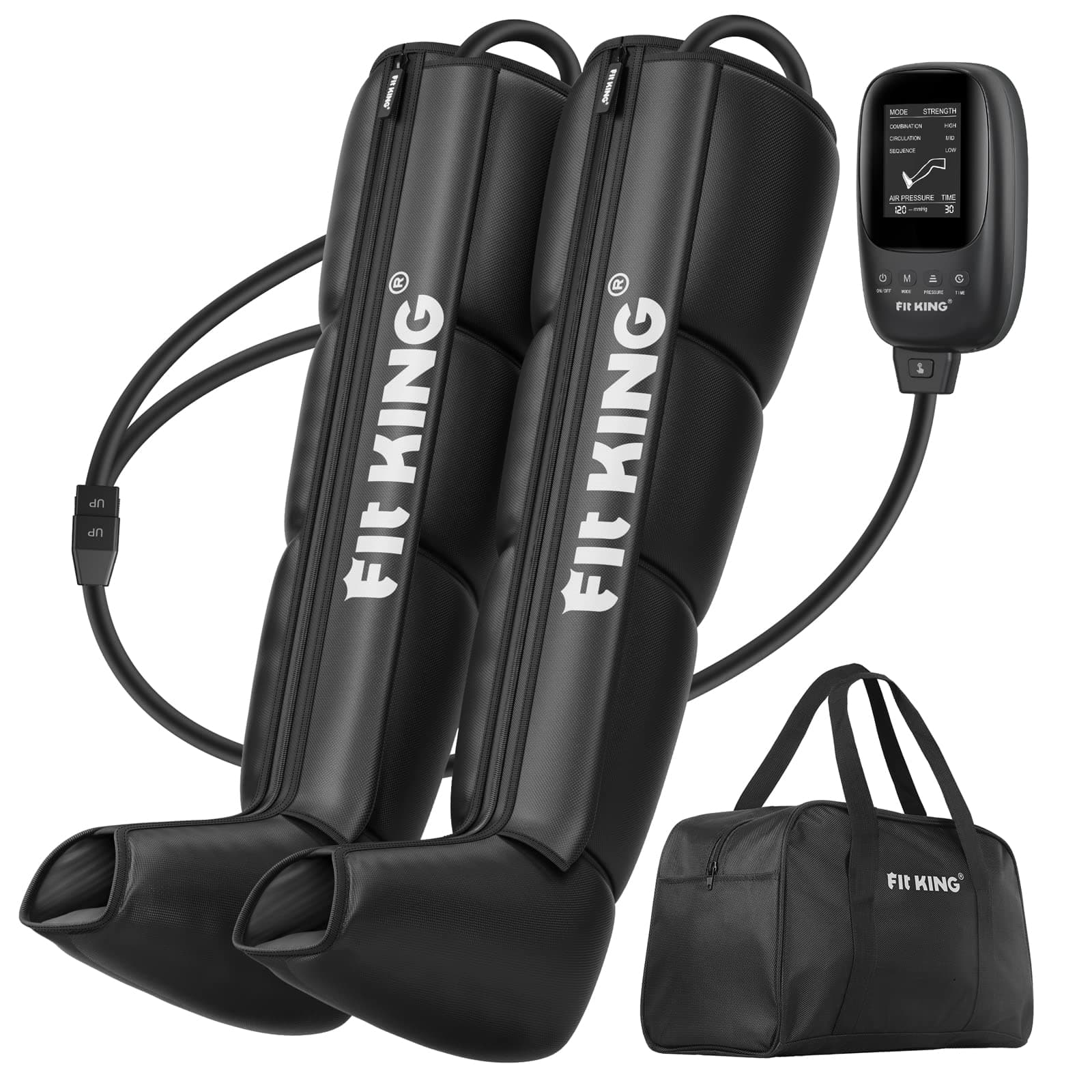 Two black FIT KING FT-082A leg boots with front zippers and white lettering, two air hoses joined at a connector, a handheld controller with a screen and a black FIT KING carry bag on a white background