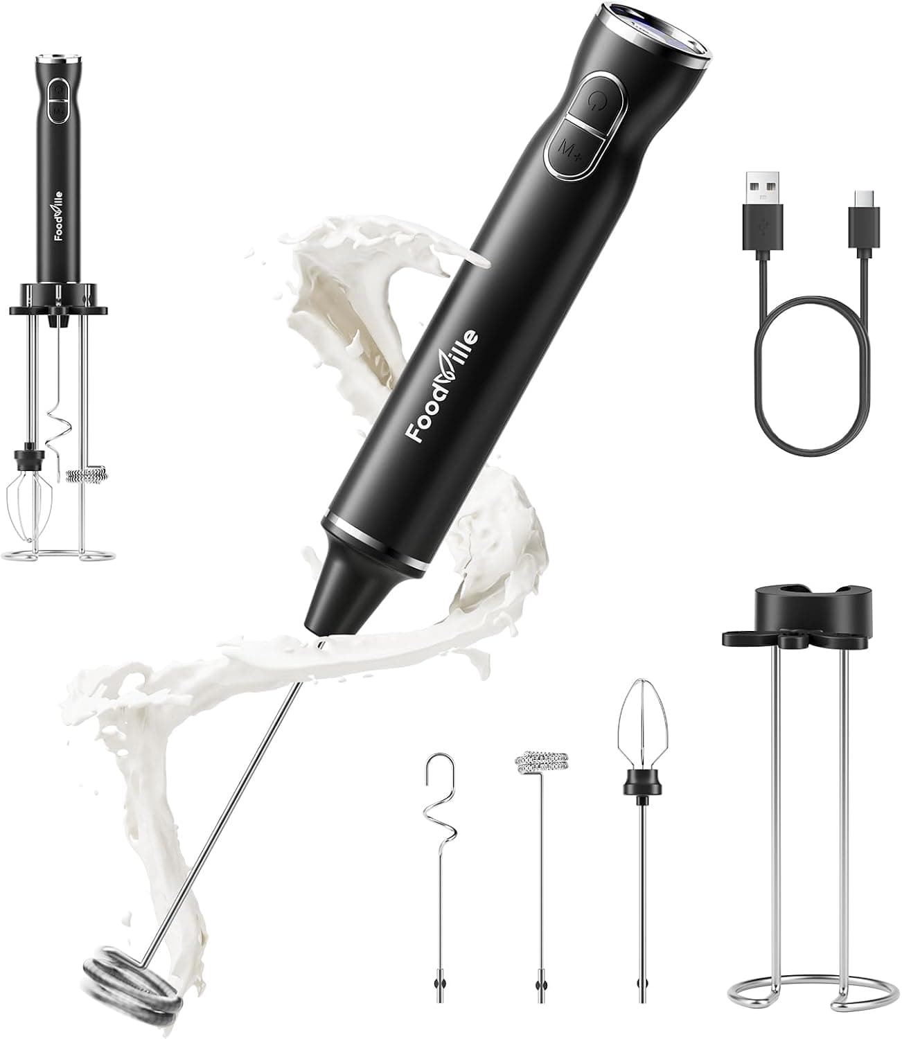 FoodVille MF06 rechargeable milk frother with LED display and storage stand