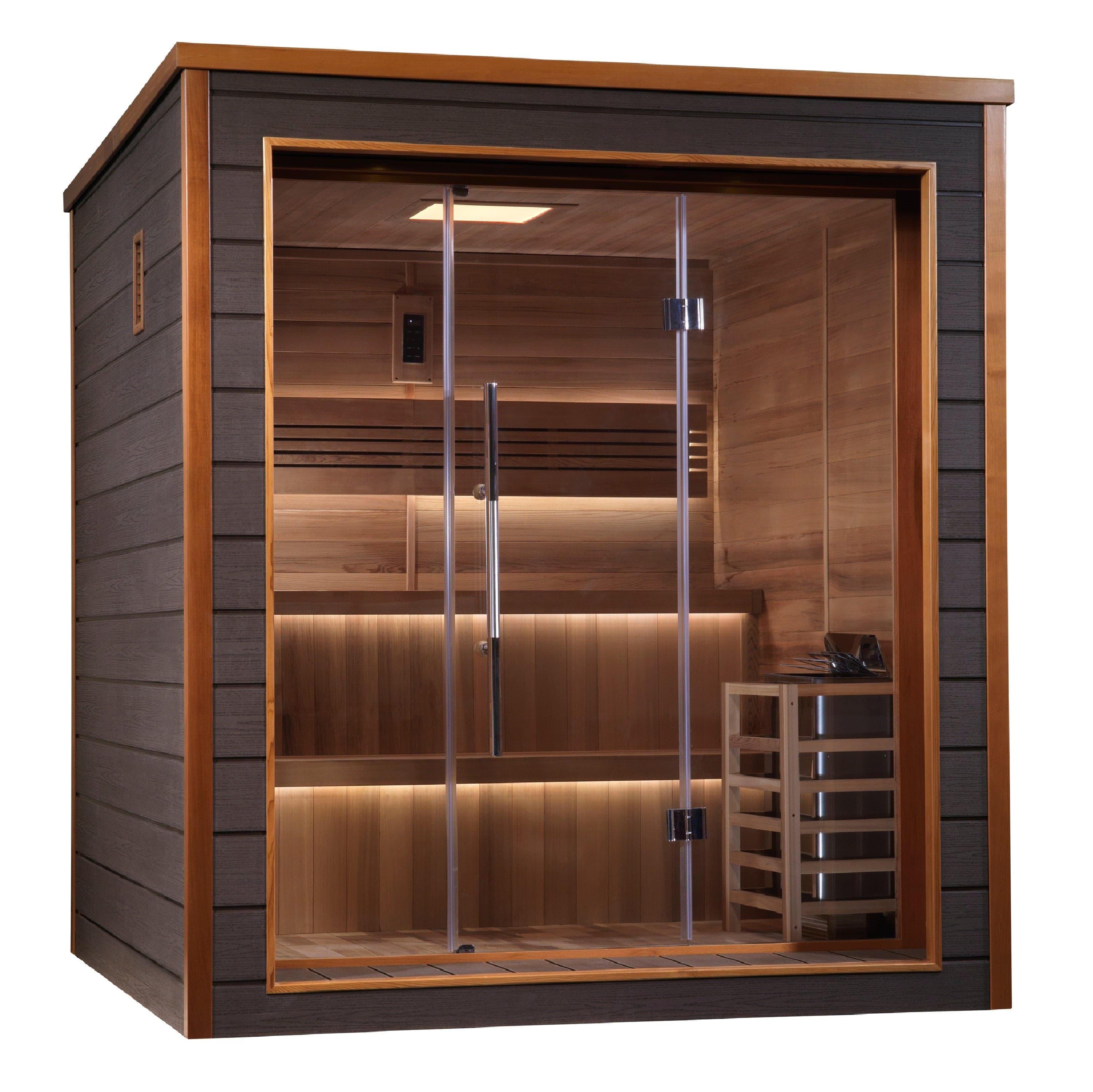 Golden Designs Bergen GDI-8206-01 outdoor sauna with dark grey exterior, red cedar interior, glass front, 2 bench levels and a guarded stove