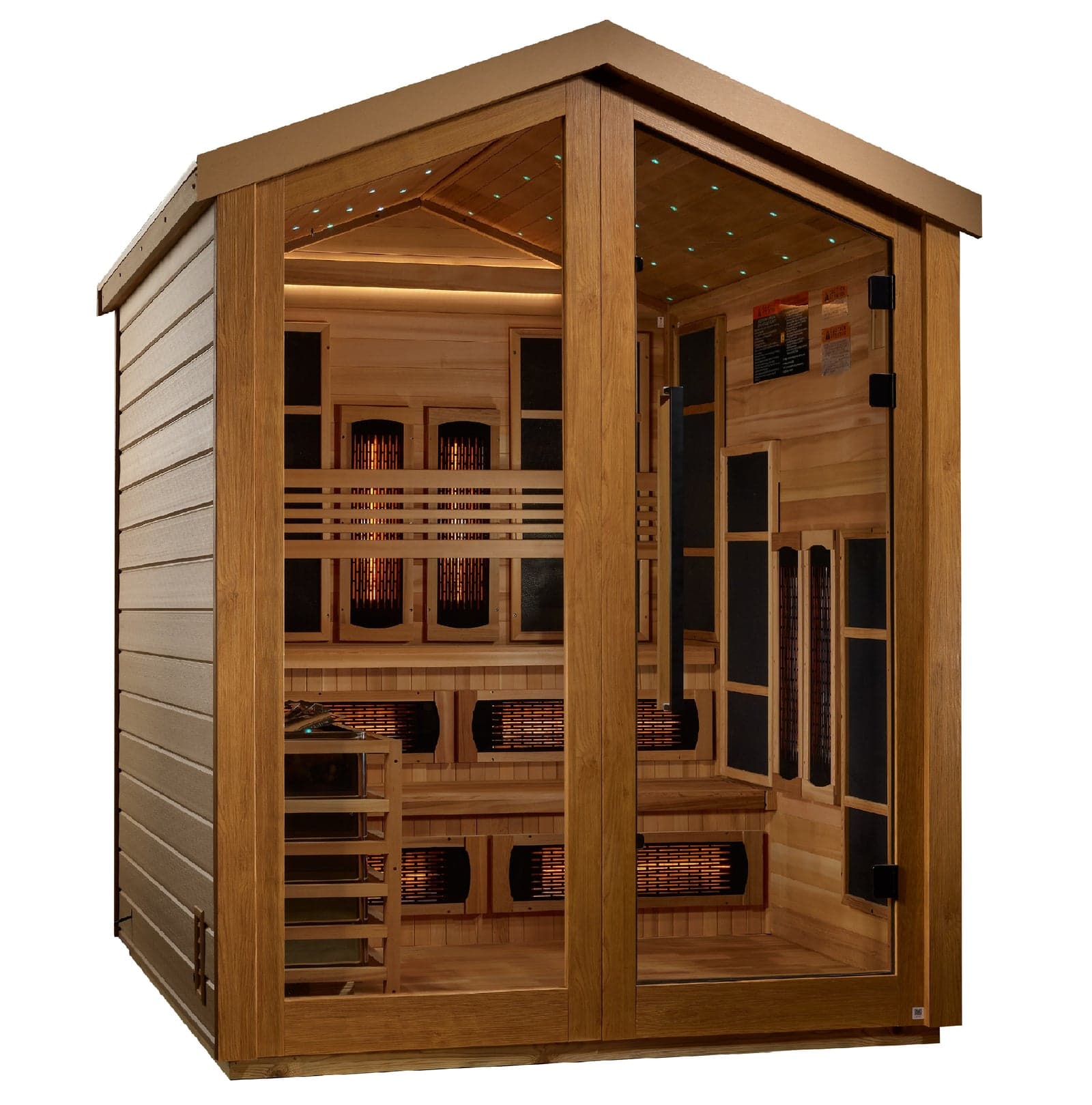 Golden Designs Kaskinen GDI-8526-01 outdoor barn sauna with a glass front and door, cedar interior with two bench tiers, infrared panels and a stove in a wood guard