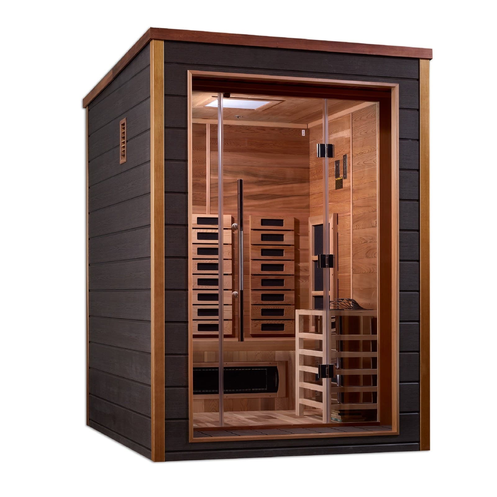 Golden Designs Nora GDI-8222-01 outdoor hybrid sauna with dark grey exterior, red cedar interior, glass front, infrared panels and a stove guard