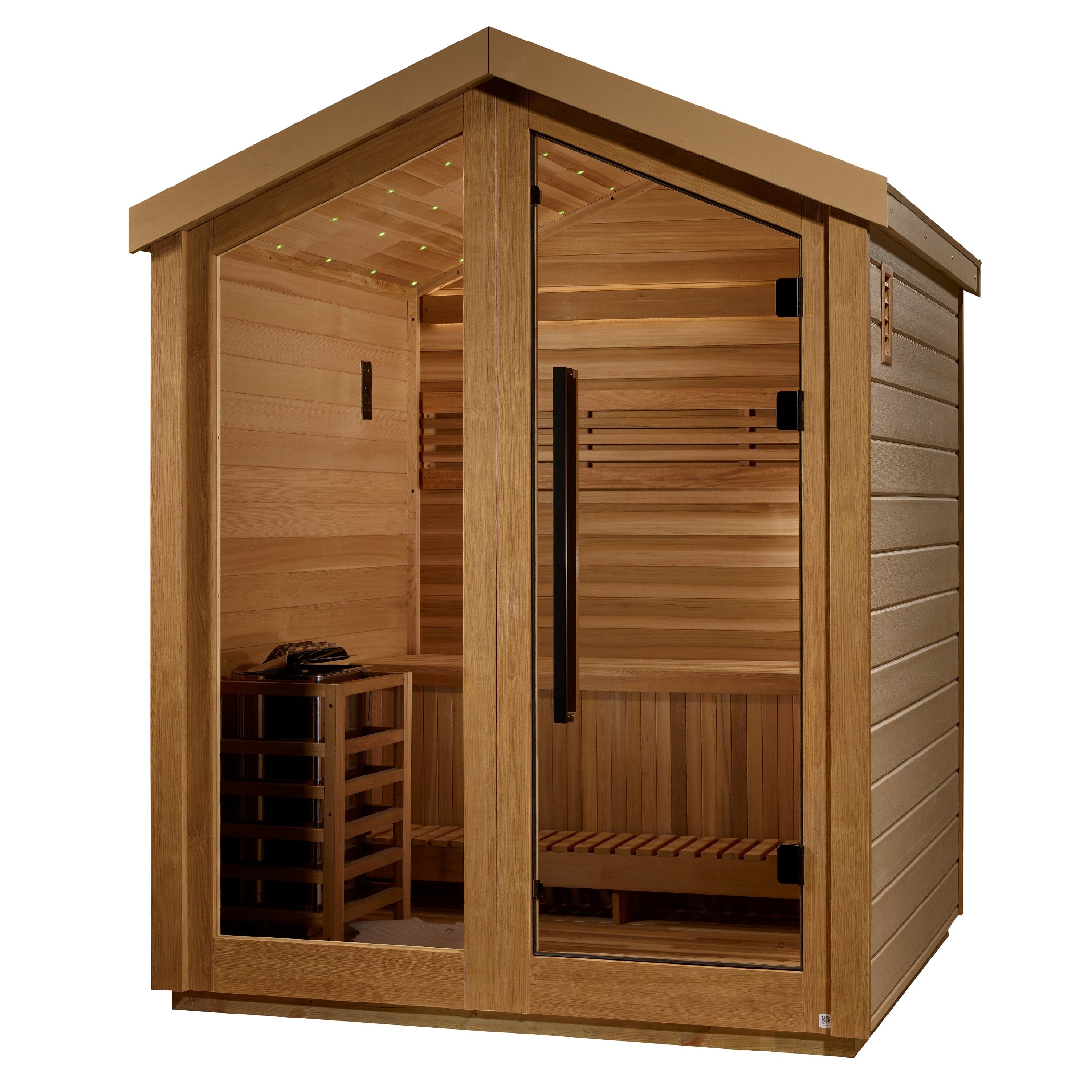 Golden Designs Savonlinna GDI-8503-01 outdoor barn sauna with gable roof, glass front and door, red cedar interior, bench and a stove in a wood guard