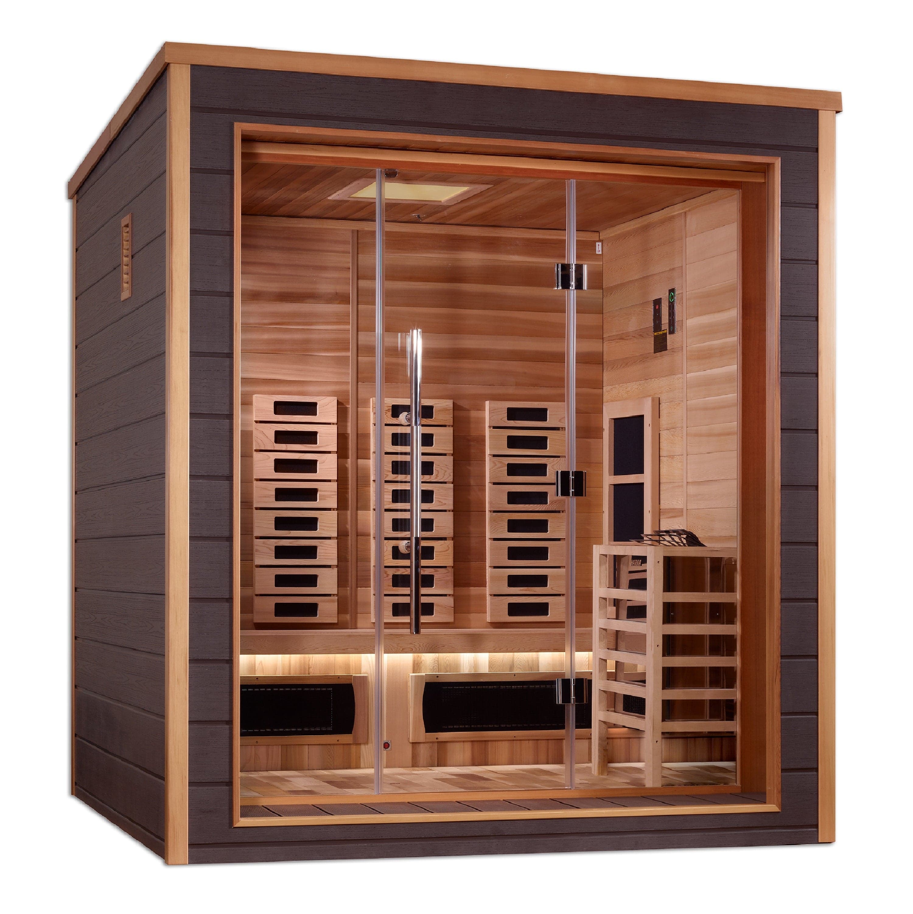 Golden Designs Visby GDI-8223-01 outdoor hybrid sauna with dark grey exterior, red cedar interior, glass front, infrared panels and a stove guard