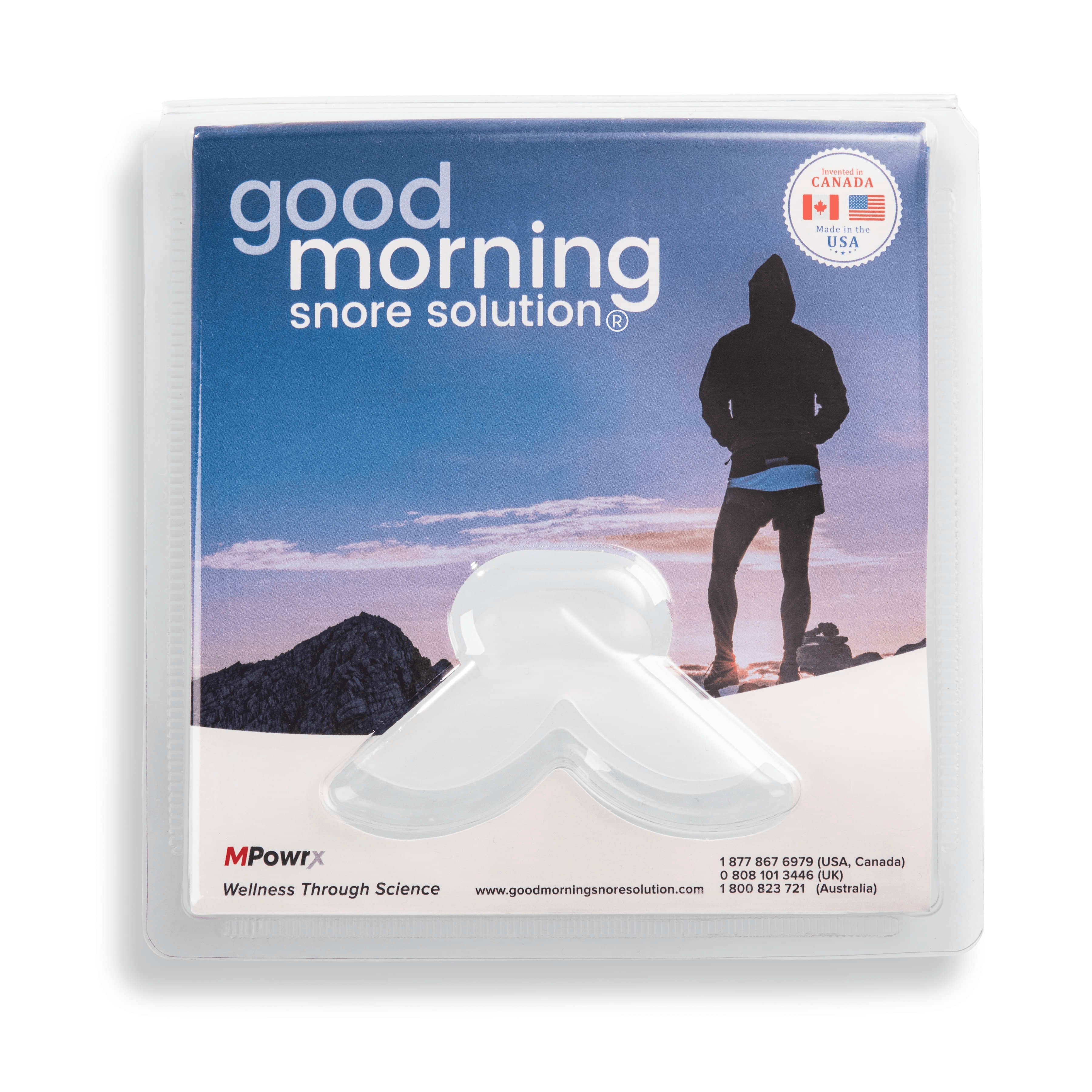 A clear Good Morning Snore Solution tongue-retaining mouthpiece, flange and bulb, sealed in its retail blister pack on a white background