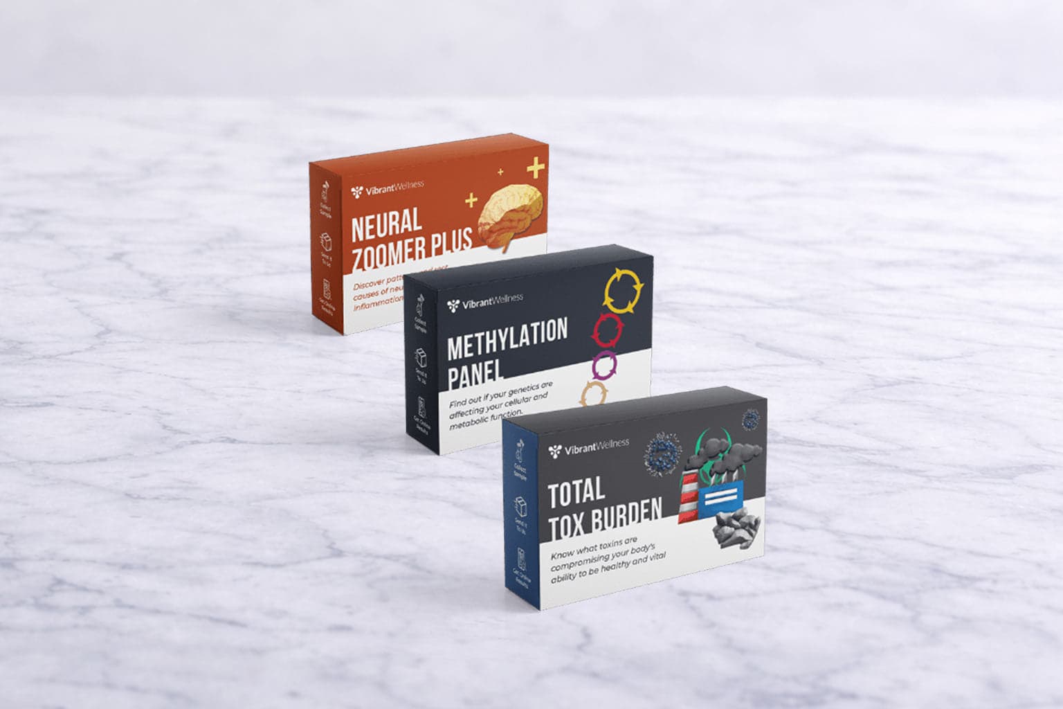 Three Vibrant Wellness test kit boxes labeled Neural Zoomer Plus, Methylation Panel and Total Tox Burden on a marble surface