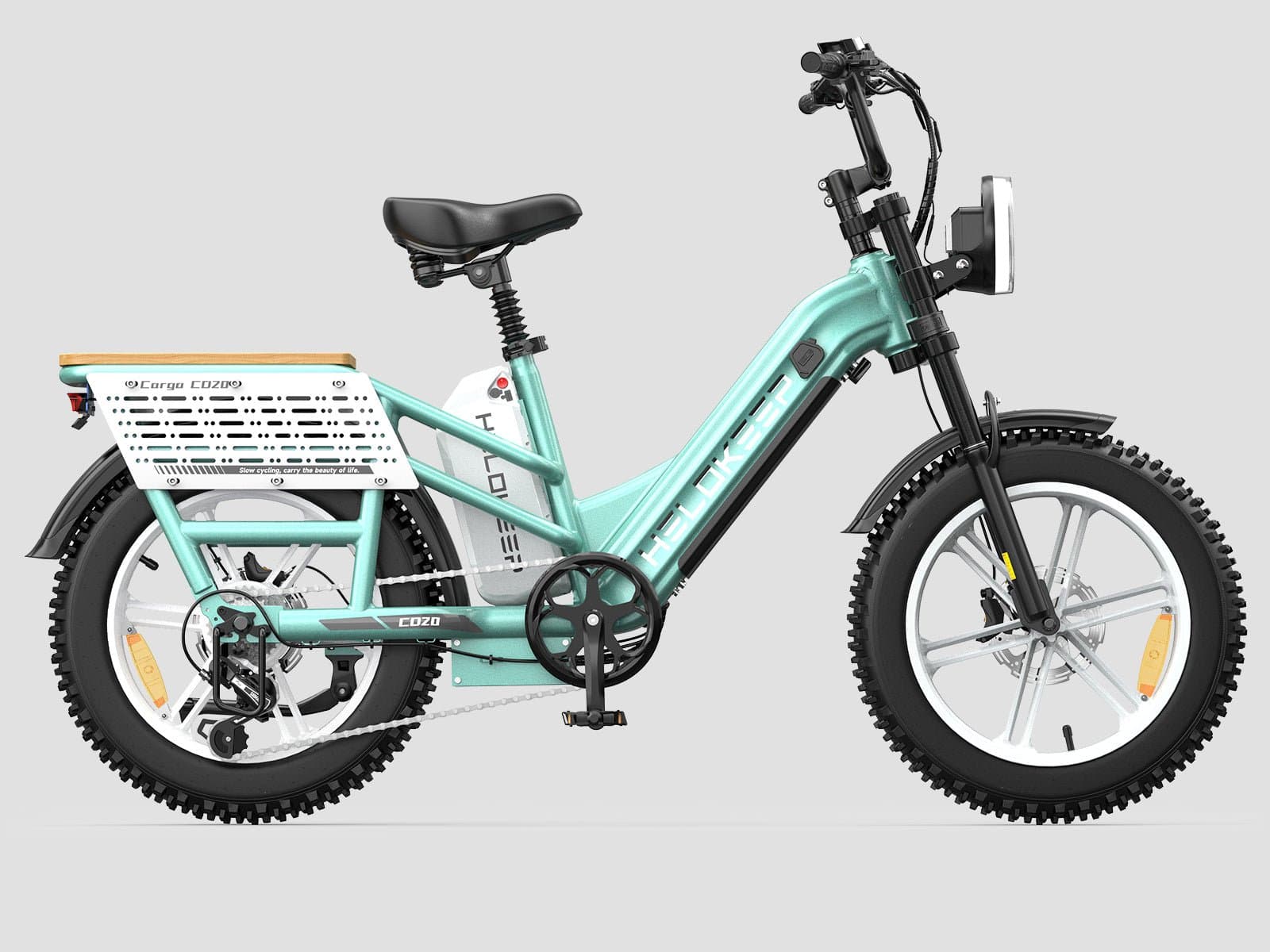 Helokeep CD20 cargo electric bike in sage green, side view, with 20 inch fat tires and a rear rack
