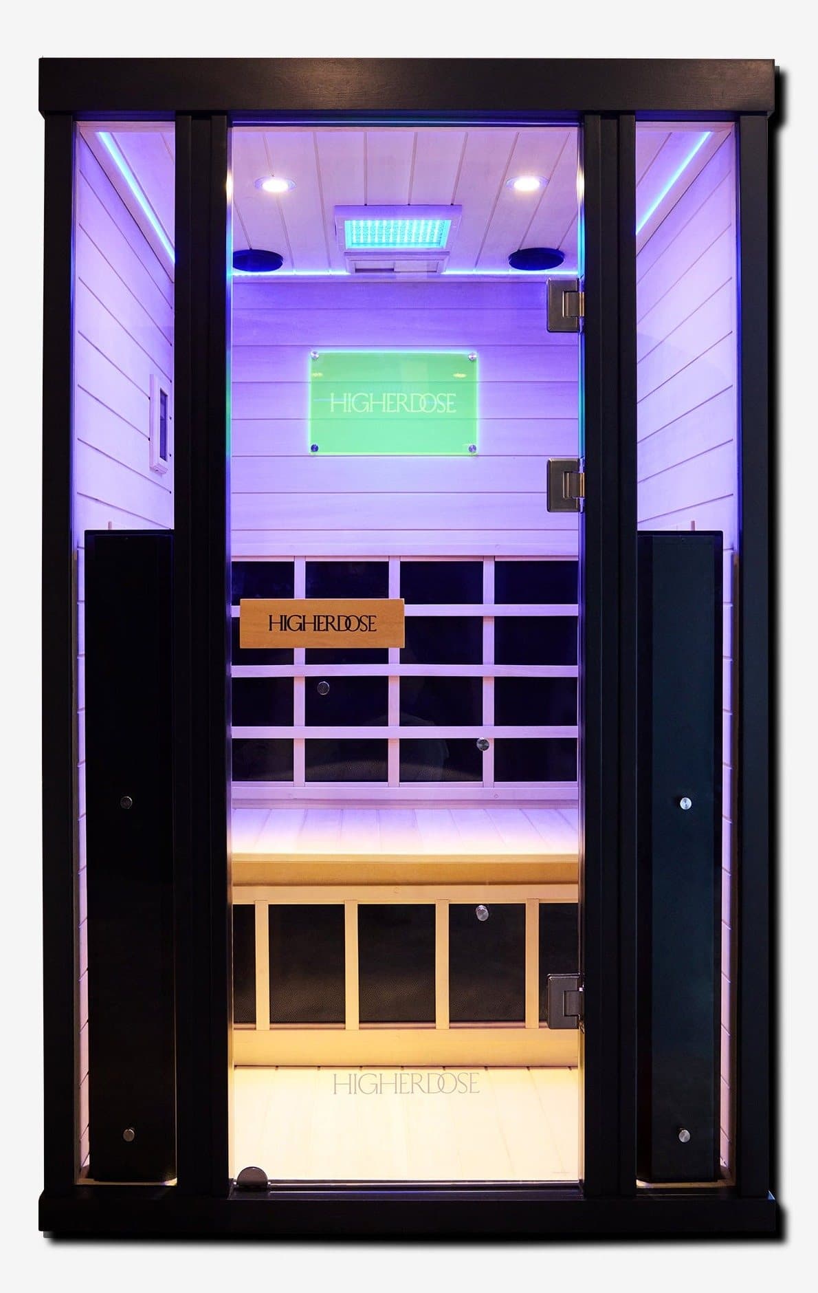 HigherDOSE Full Spectrum Infrared Sauna cabin seen from the front, with a black exterior, a glass door and a basswood interior lit by coloured lights