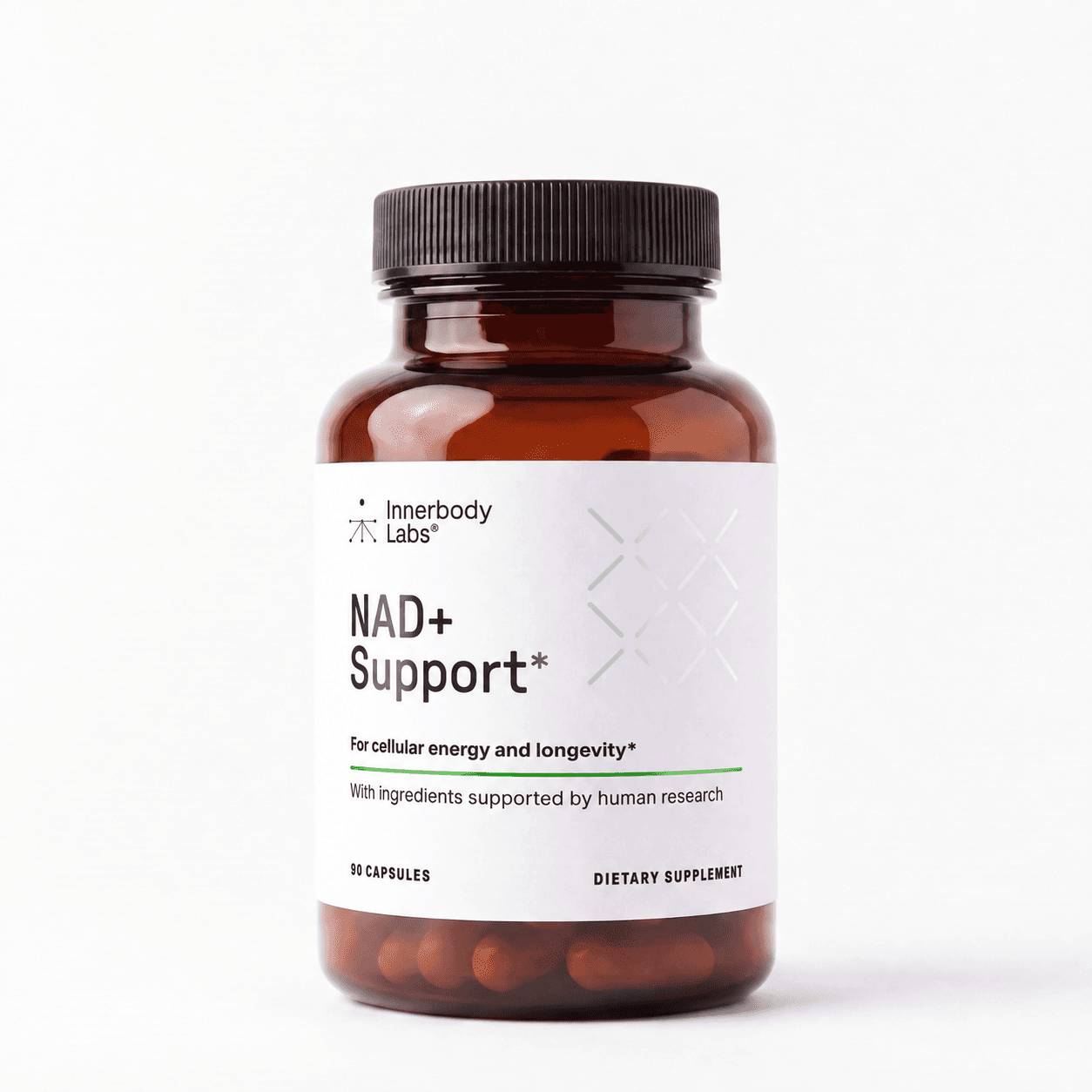 Innerbody Labs NAD+ Support amber bottle of 90 capsules with a black screw cap and white label, on a plain off-white background