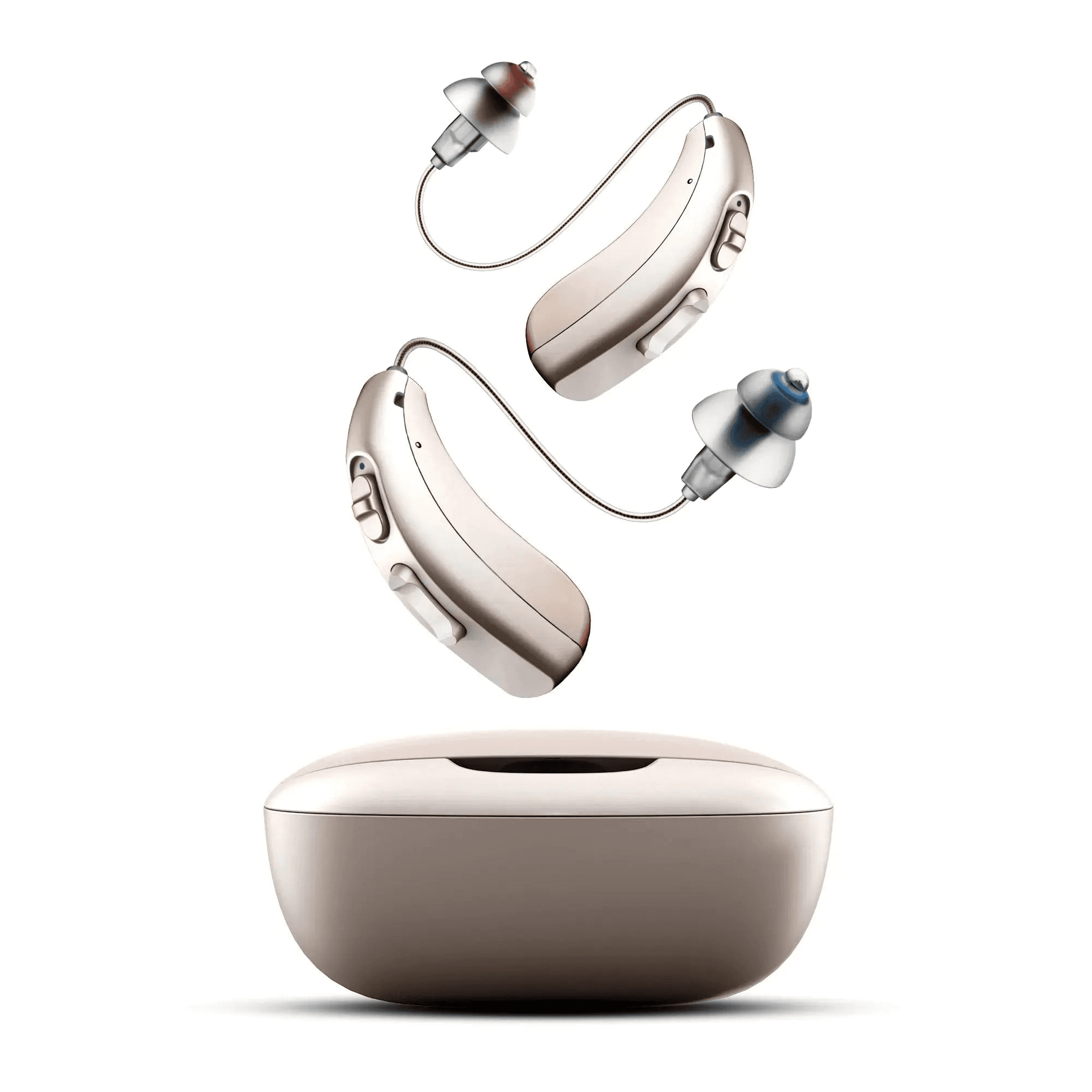 LINNER Mercury mini-RIC OTC hearing aids in beige gold with ear domes, floating above their charging case
