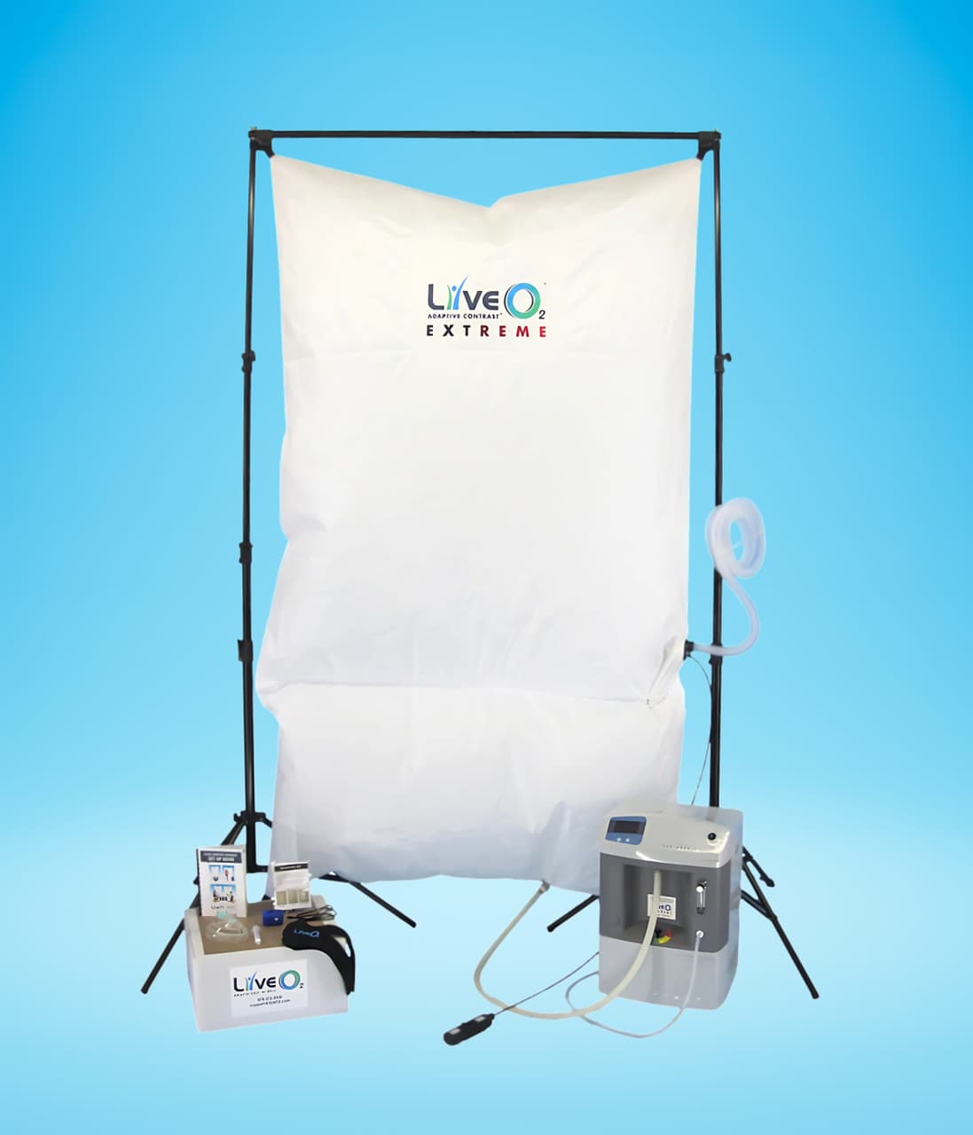 LiveO2 Extreme system: the white Adaptive Contrast Extreme reservoir hanging on the black freestanding frame kit, with one air separator and the accessory box.