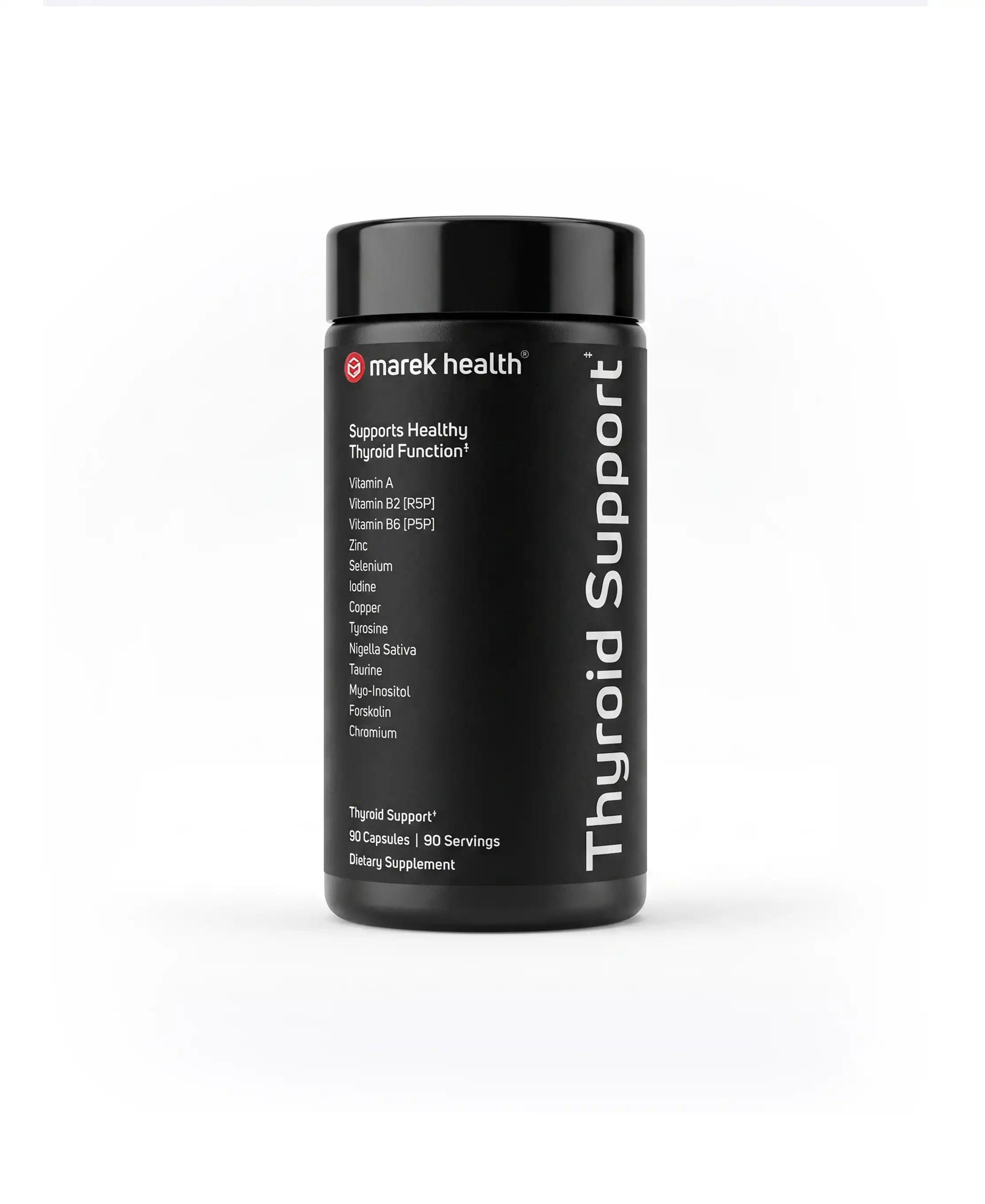 Black Marek Health branded Thyroid Support supplement bottle labeled 90 capsules and 90 servings, with the label listing 13 ingredients including iodine, selenium, zinc, tyrosine, and myo-inositol, on a white background