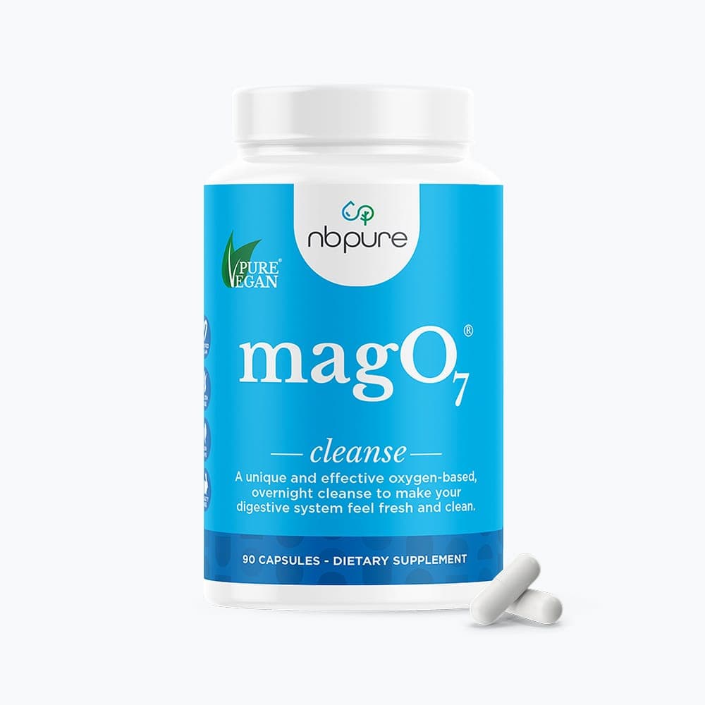 NBPure MagO7 90-capsule bottle with a white cap and a blue label, two white capsules lying beside it