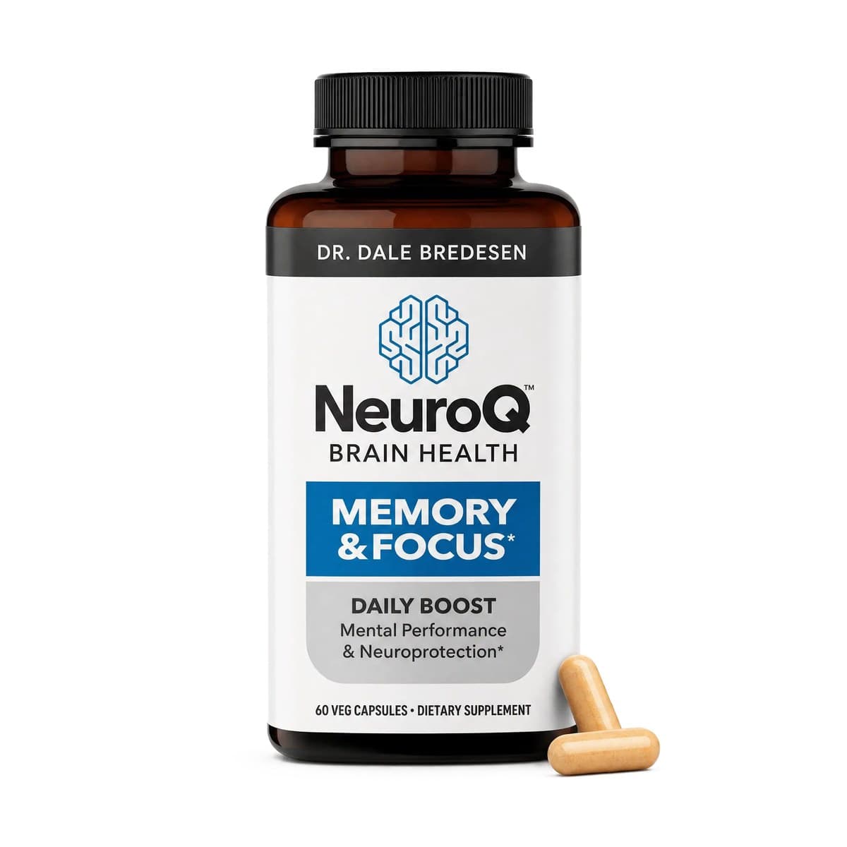 NeuroQ Memory & Focus amber bottle of 60 vegetarian capsules with a black cap, two capsules beside it