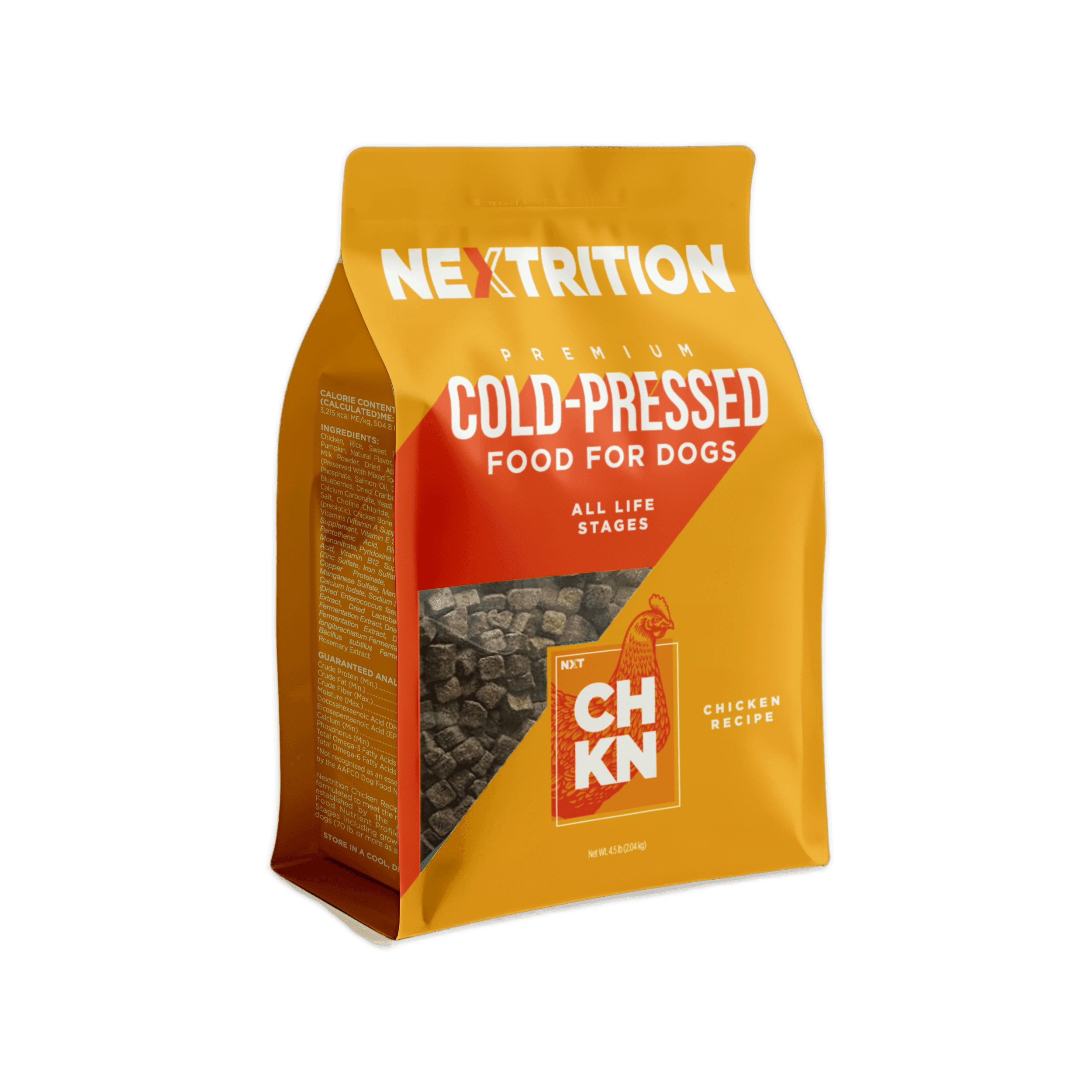 Nextrition Chicken Recipe cold-pressed dog food, a 4.5 lb orange and yellow bag with a window showing the brown pieces