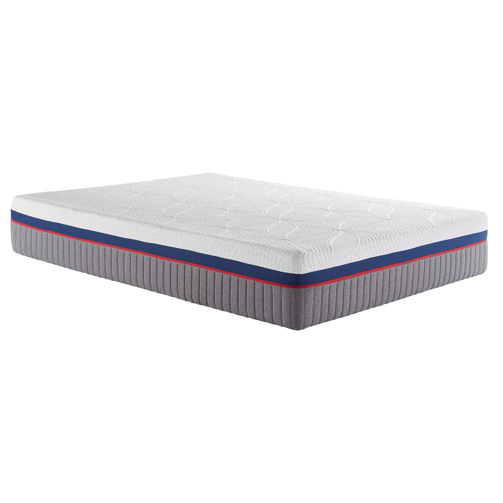 Night Air Beds Ultra 14 inch 6 Zone Smart Zone Bed mattress at an angle on a white background, white quilted top with a wave pattern, a navy band with red piping and a grey channelled side panel