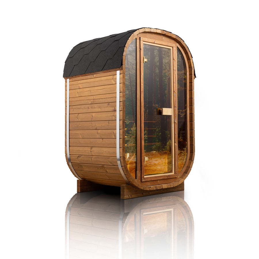 Orivon Auris One compact outdoor sauna with a rounded wooden body, shingled roof, steel bands and a glass front with a glass door