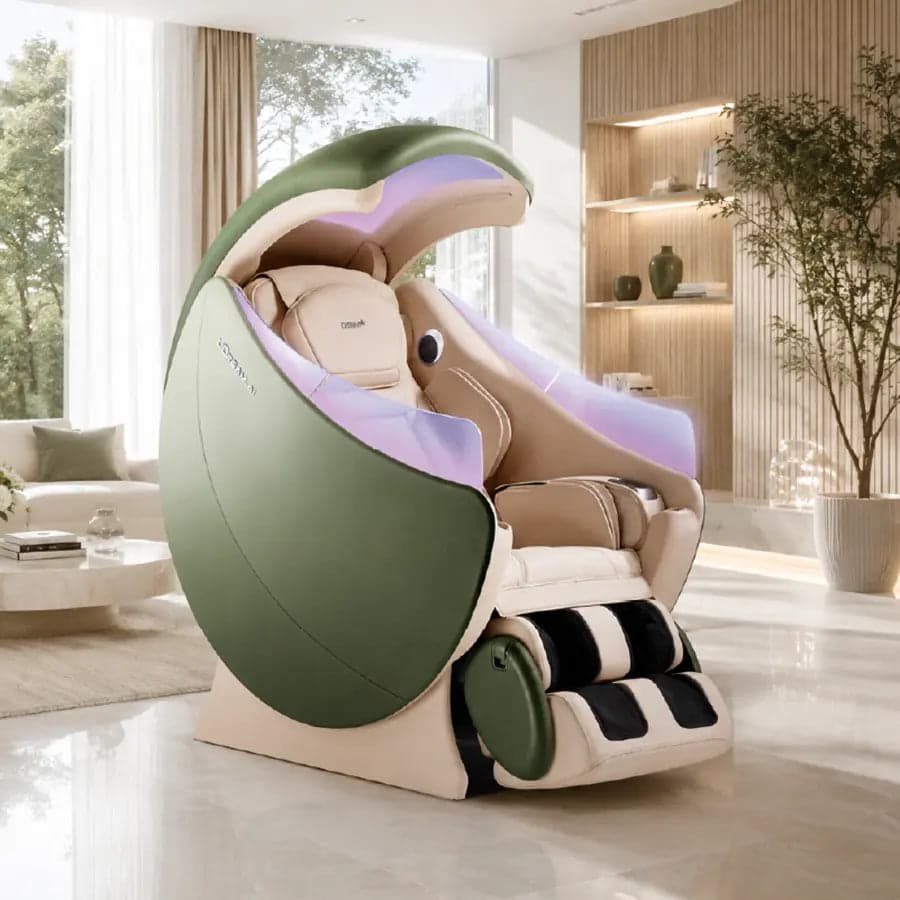 OSIM uDream AI massage chair in Jade Green with its canopy extended, in a living room