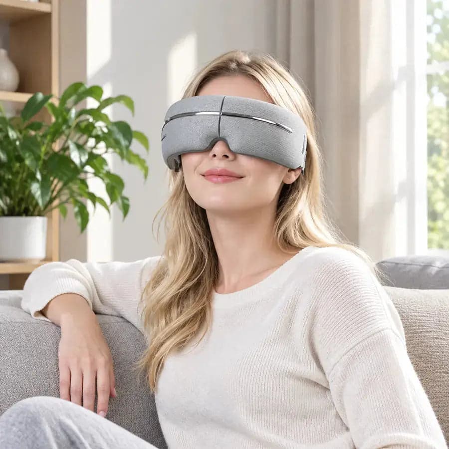 A woman seated on a sofa wearing the grey OSIM uVizion Air 2 eye massager over her eyes