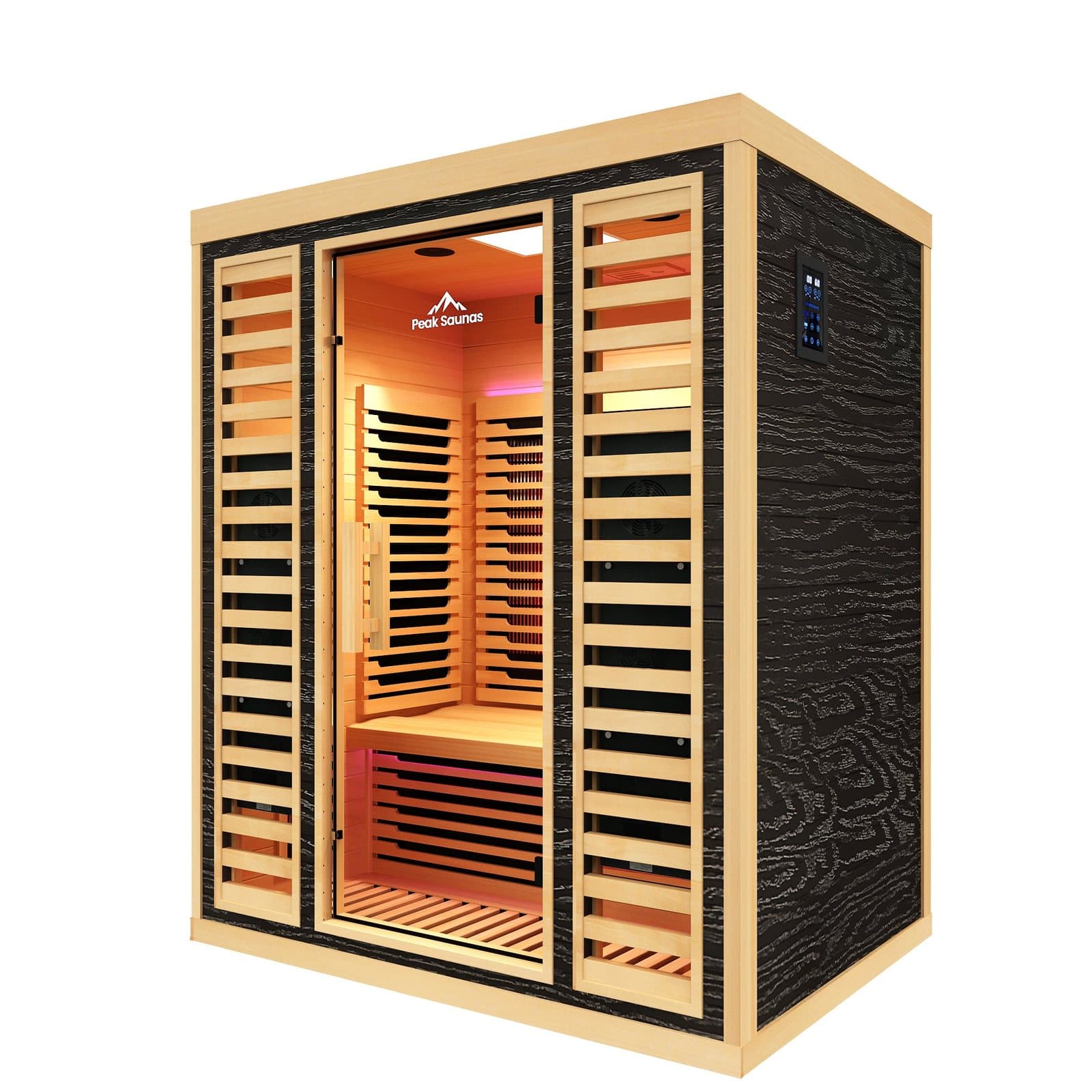 Peak Denali 3-person indoor infrared sauna cabin with glass door, hemlock slatted side windows and black wood-grain side panels
