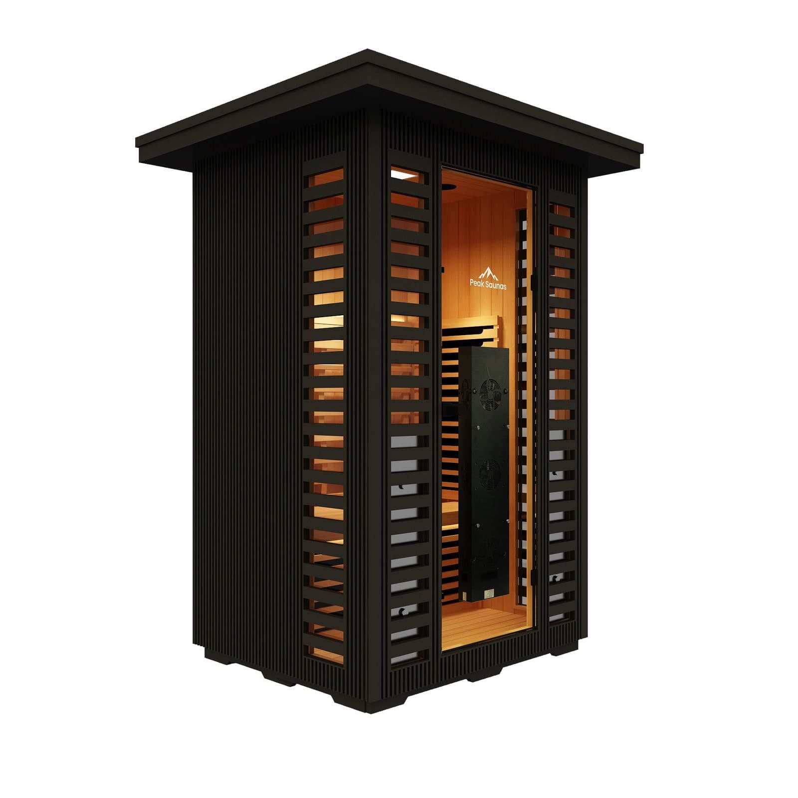 Peak Saunas Patagonia 2-person outdoor infrared sauna in a three-quarter view, black aluminum exterior, flat overhanging roof, full-height glass door and a lit hemlock interior