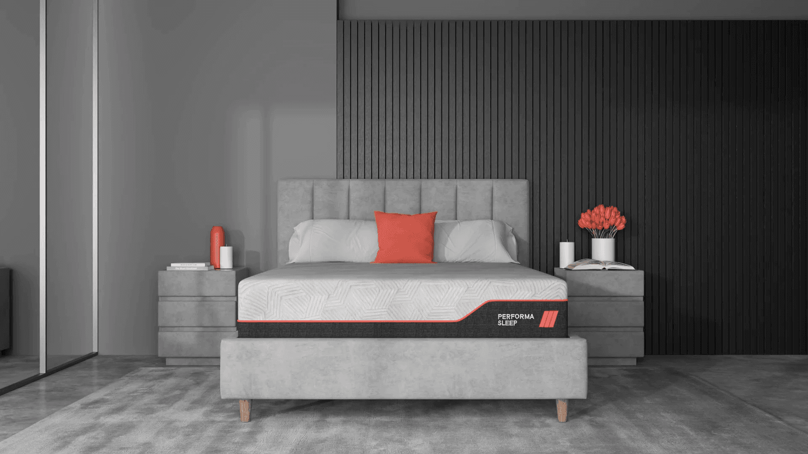 PerformaSleep Hybrid 12 inch mattress with a white quilted top and a black base panel with red piping, on a grey upholstered bed frame in a room render